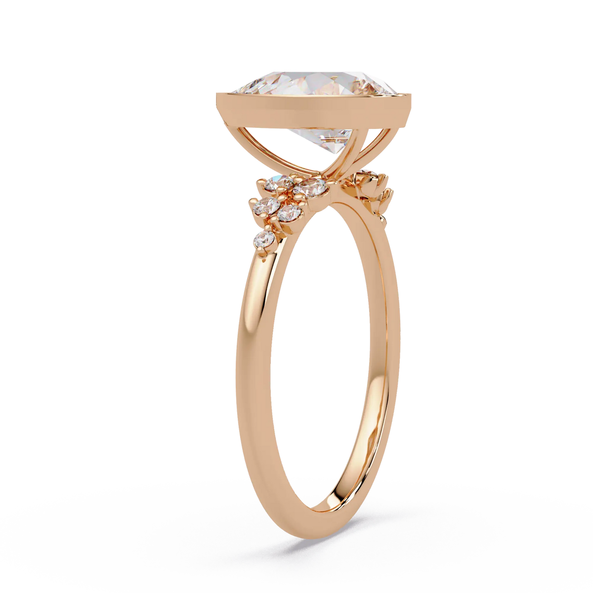Pear Diamond Bezel Engagement Ring - Floral Side Stone Yellow Gold Ring