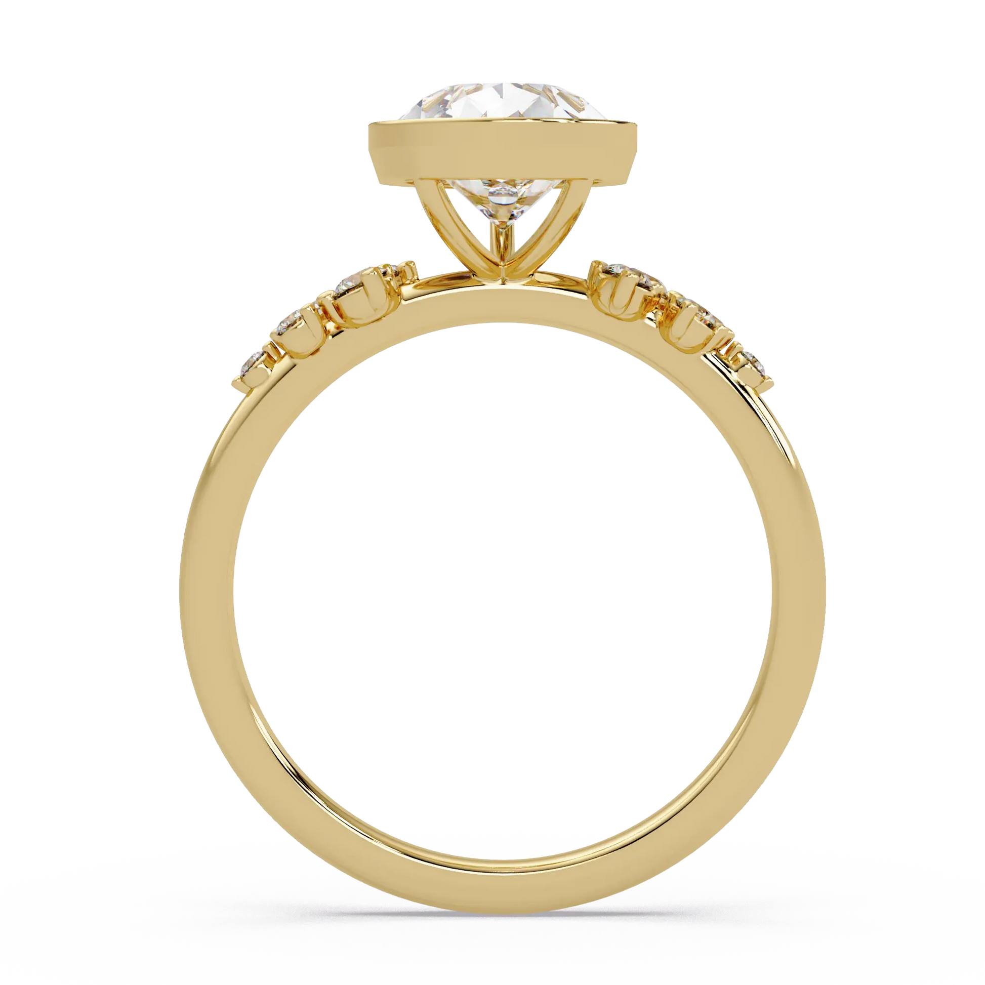 Pear Diamond Bezel Engagement Ring - Floral Side Stone Yellow Gold Ring