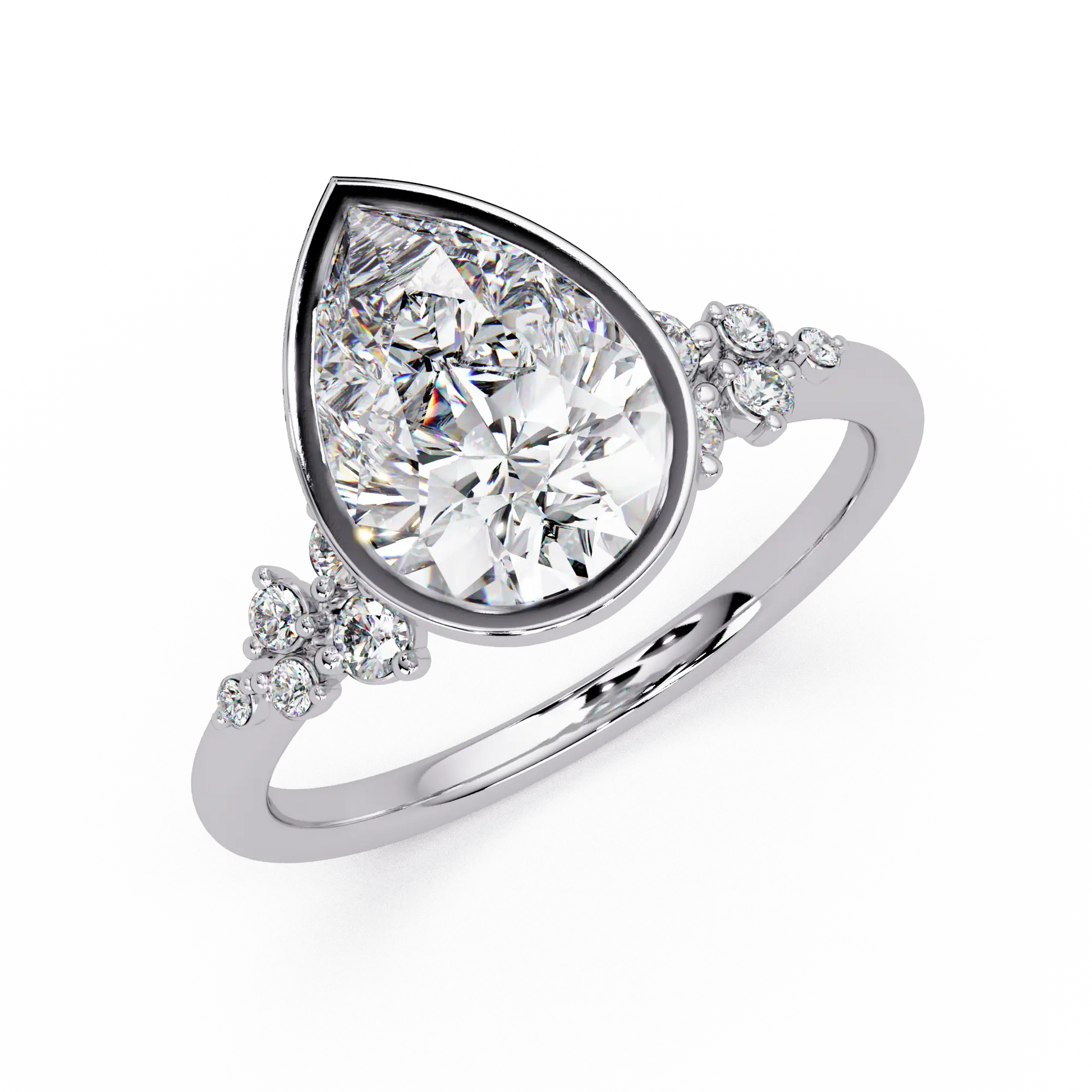 Pear Diamond Bezel Engagement Ring - Floral Side Stone Yellow Gold Ring