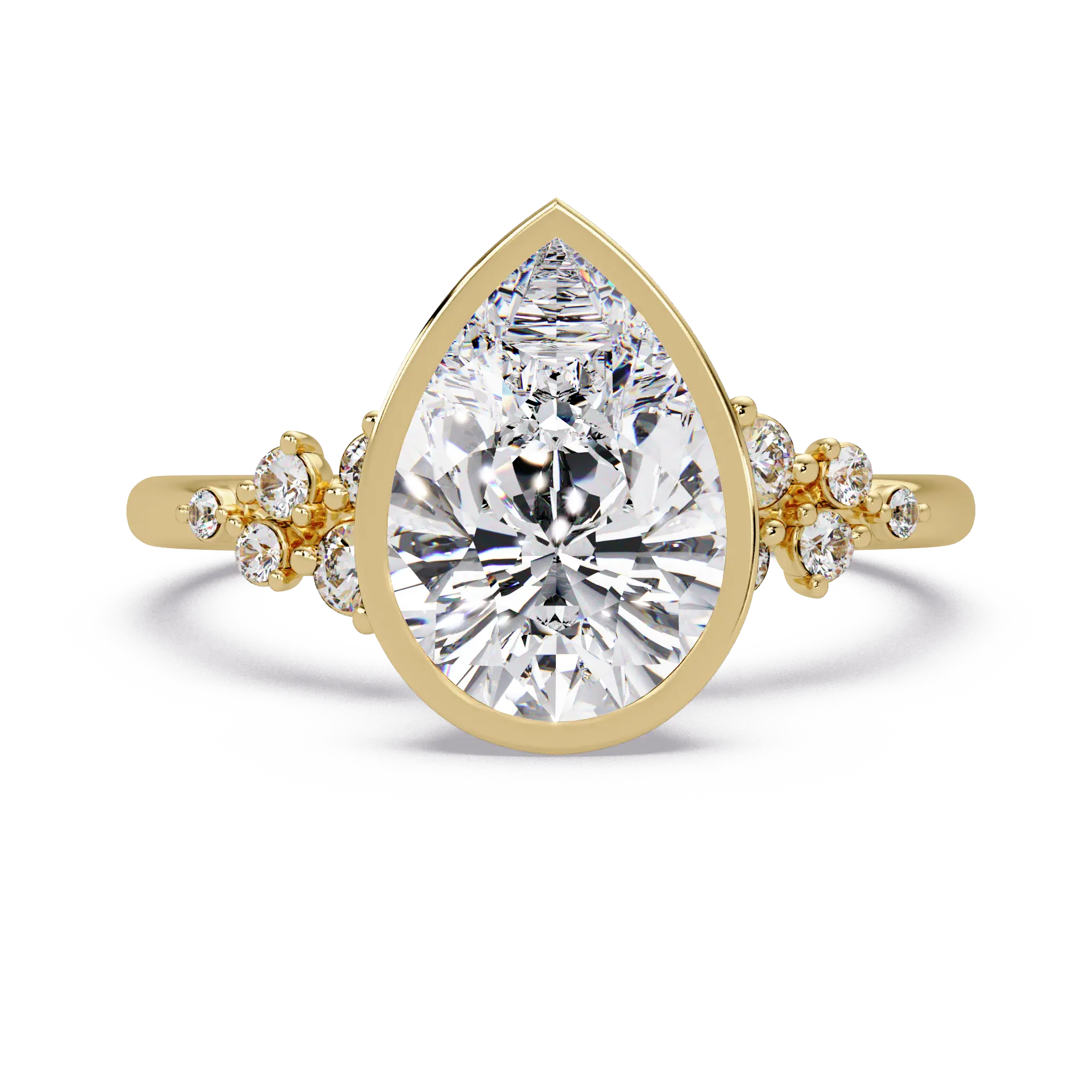 Pear Diamond Bezel Engagement Ring - Floral Side Stone Yellow Gold Ring