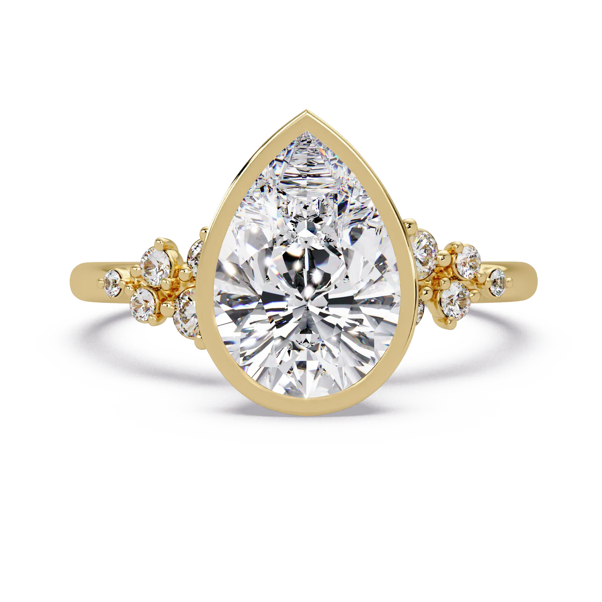 Pear Diamond Bezel Engagement Ring - Floral Side Stone Yellow Gold Ring