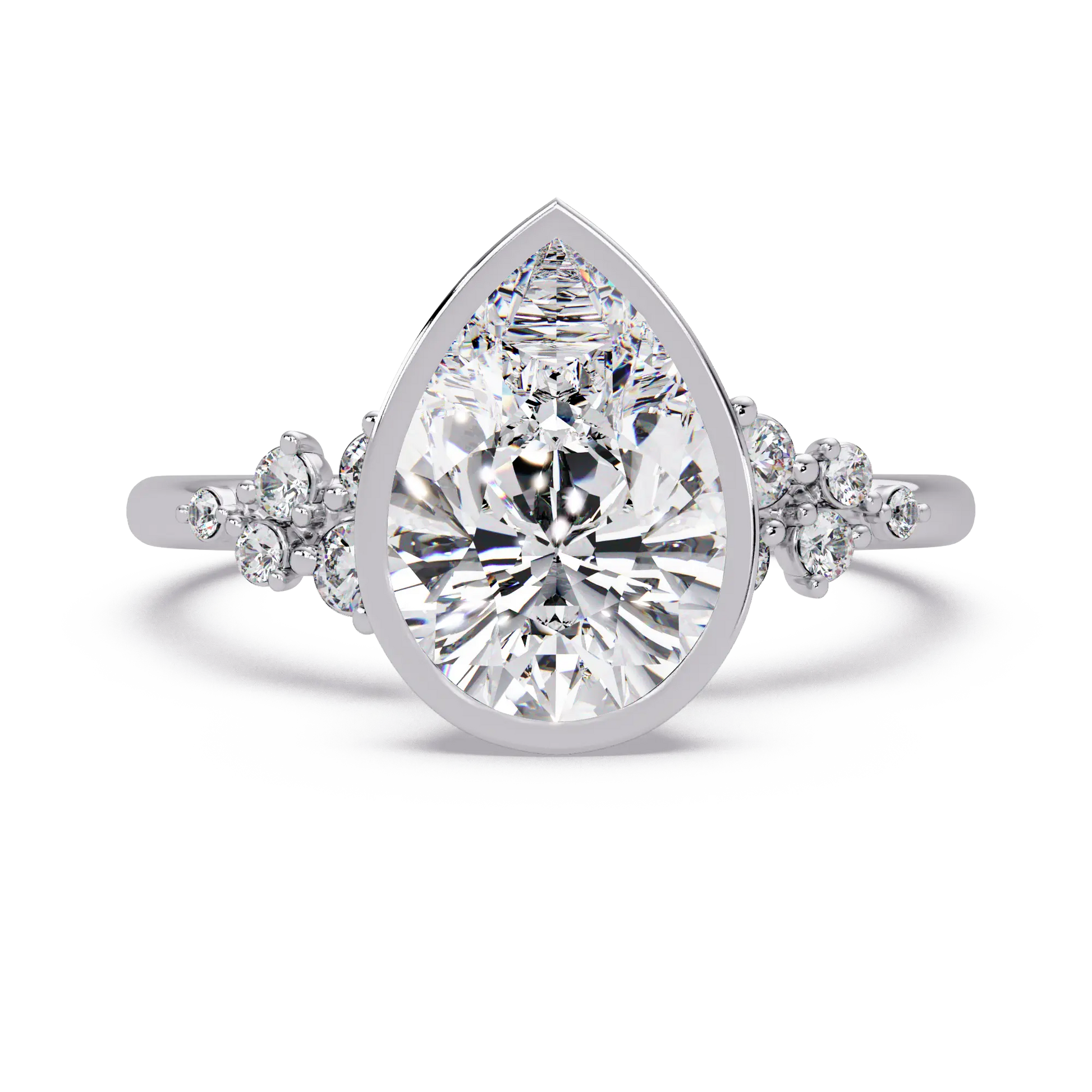 Pear Diamond Bezel Engagement Ring - Floral Side Stone Yellow Gold Ring