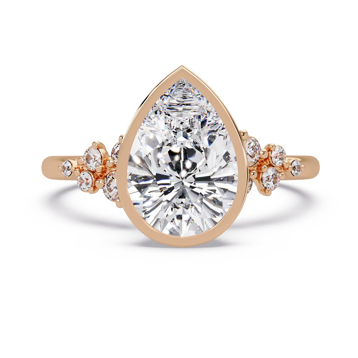 Pear Diamond Bezel Engagement Ring - Floral Side Stone Yellow Gold Ring