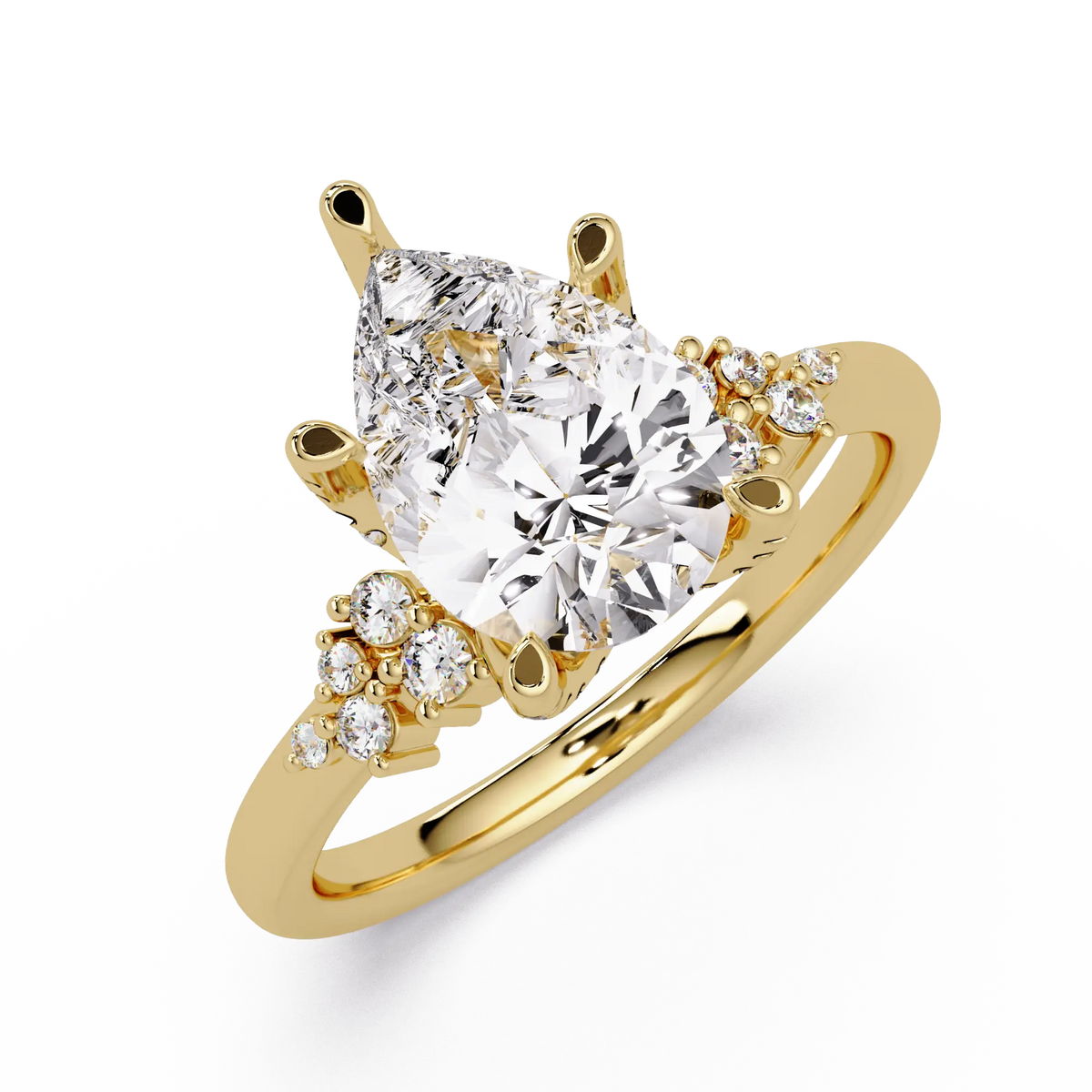 Pear Lab Grown Diamond Engagement Ring with Side Stones - Modern Cluster Accent Ring