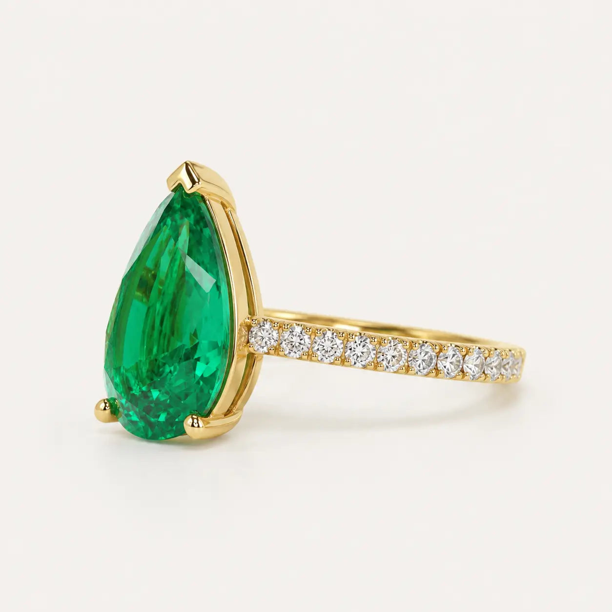 Pear Shaped Lab Grown Emerald Engagement Ring with Diamond Accented Band – Elegant Solitaire Gemstone Ring for Women