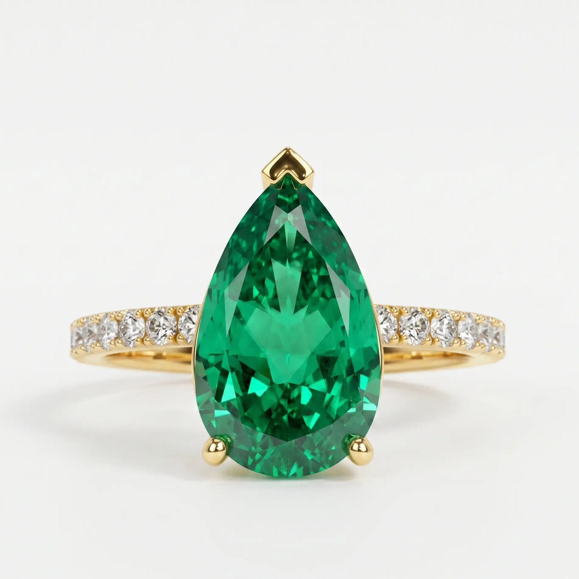 Pear Shaped Lab Grown Emerald Engagement Ring with Diamond Accented Band – Elegant Solitaire Gemstone Ring for Women