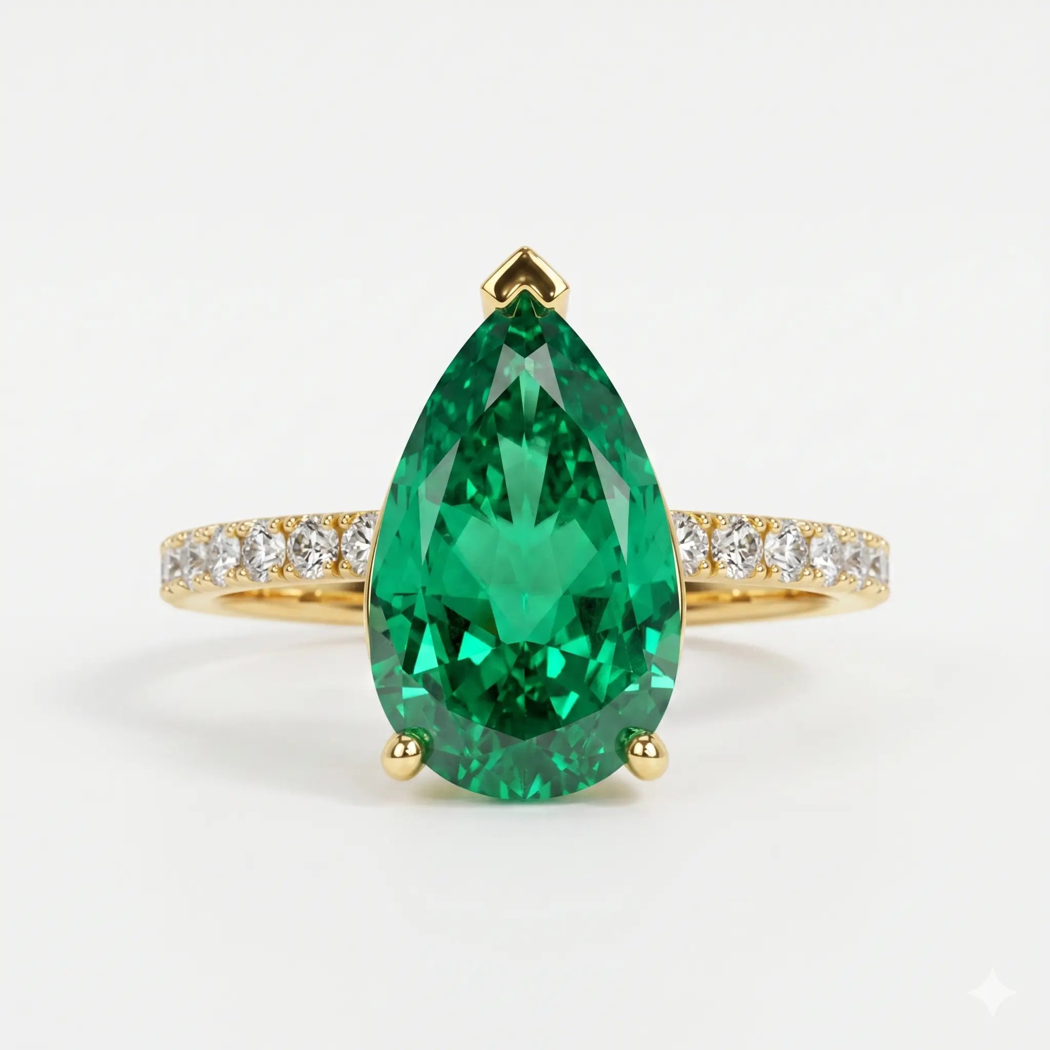Pear Shaped Lab Grown Emerald Engagement Ring with Diamond Accented Band – Elegant Solitaire Gemstone Ring for Women