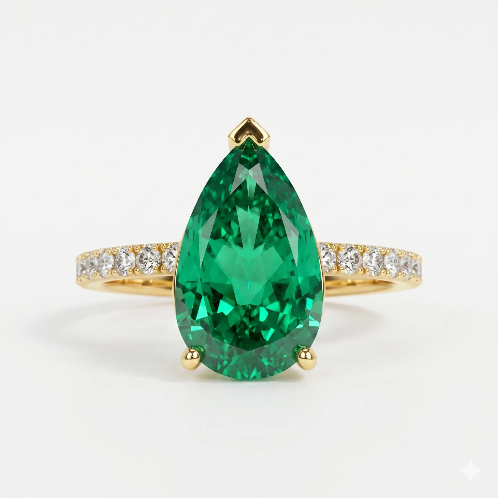Pear Shaped Lab Grown Emerald Engagement Ring with Diamond Accented Band – Elegant Solitaire Gemstone Ring for Women