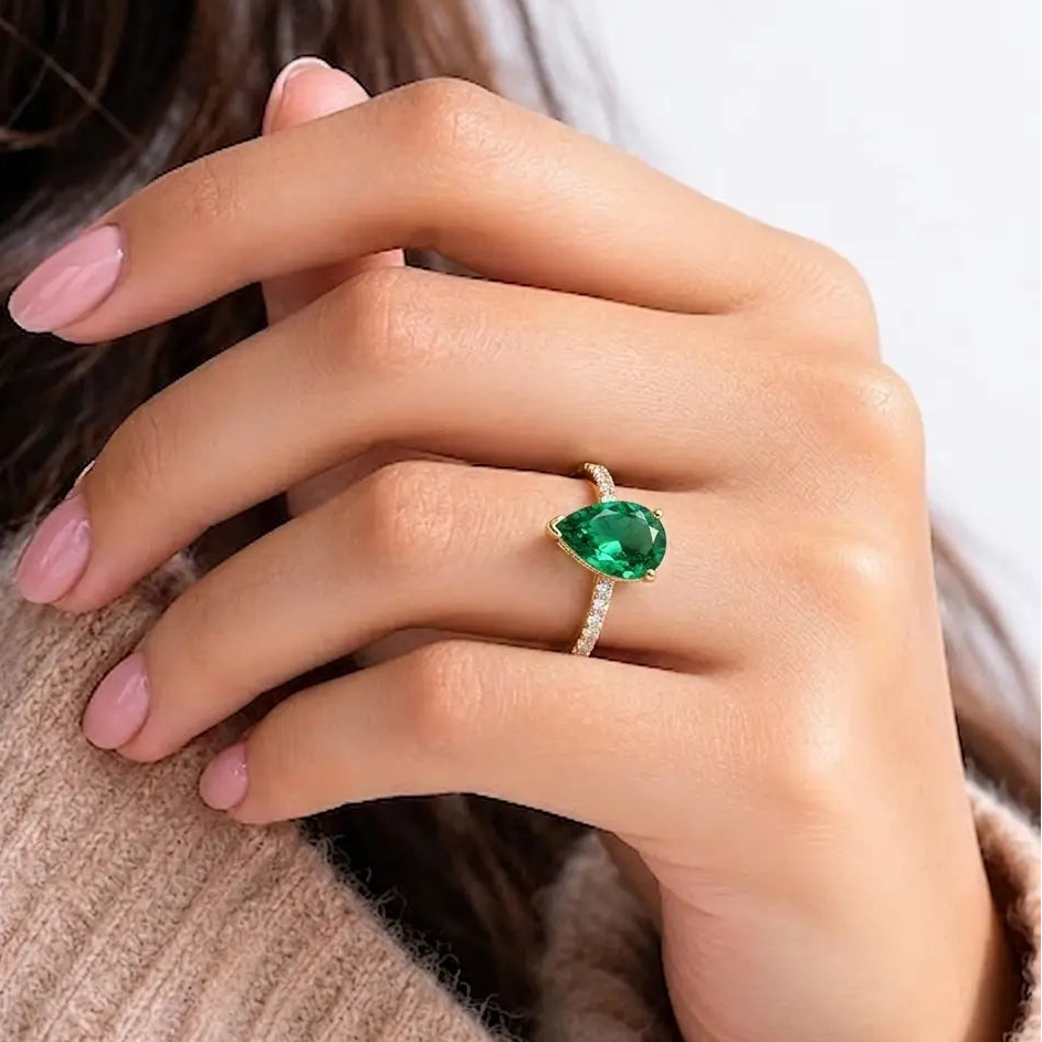 Pear Shaped Lab Grown Emerald Engagement Ring with Diamond Accented Band – Elegant Solitaire Gemstone Ring for Women
