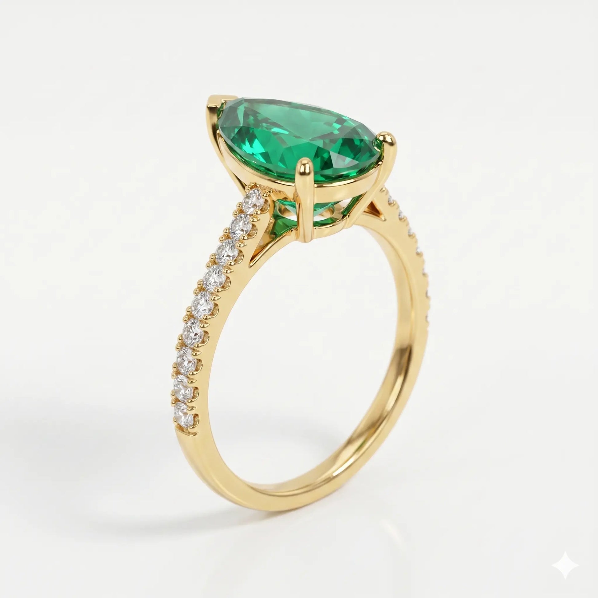 Pear Shaped Lab Grown Emerald Engagement Ring with Diamond Accented Band – Elegant Solitaire Gemstone Ring for Women