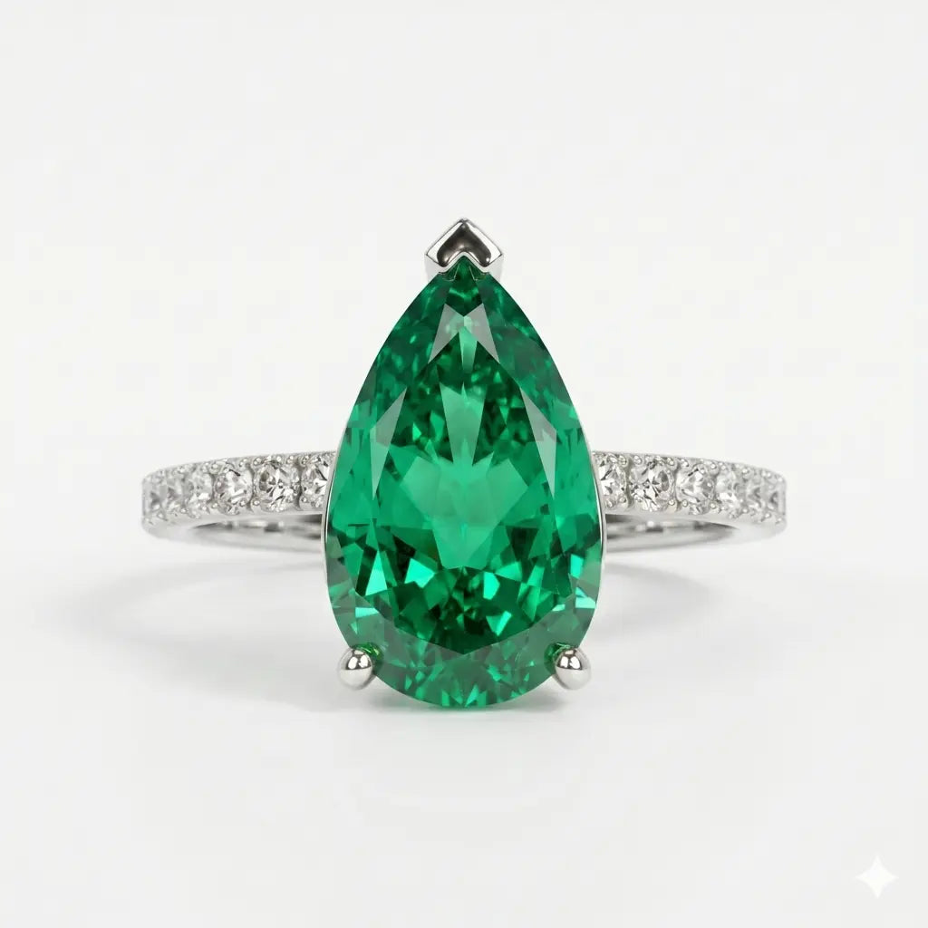Pear Shaped Lab Grown Emerald Engagement Ring with Diamond Accented Band – Elegant Solitaire Gemstone Ring for Women
