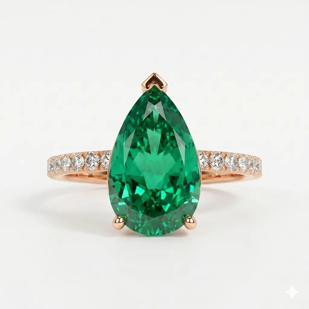 Pear Shaped Lab Grown Emerald Engagement Ring with Diamond Accented Band – Elegant Solitaire Gemstone Ring for Women