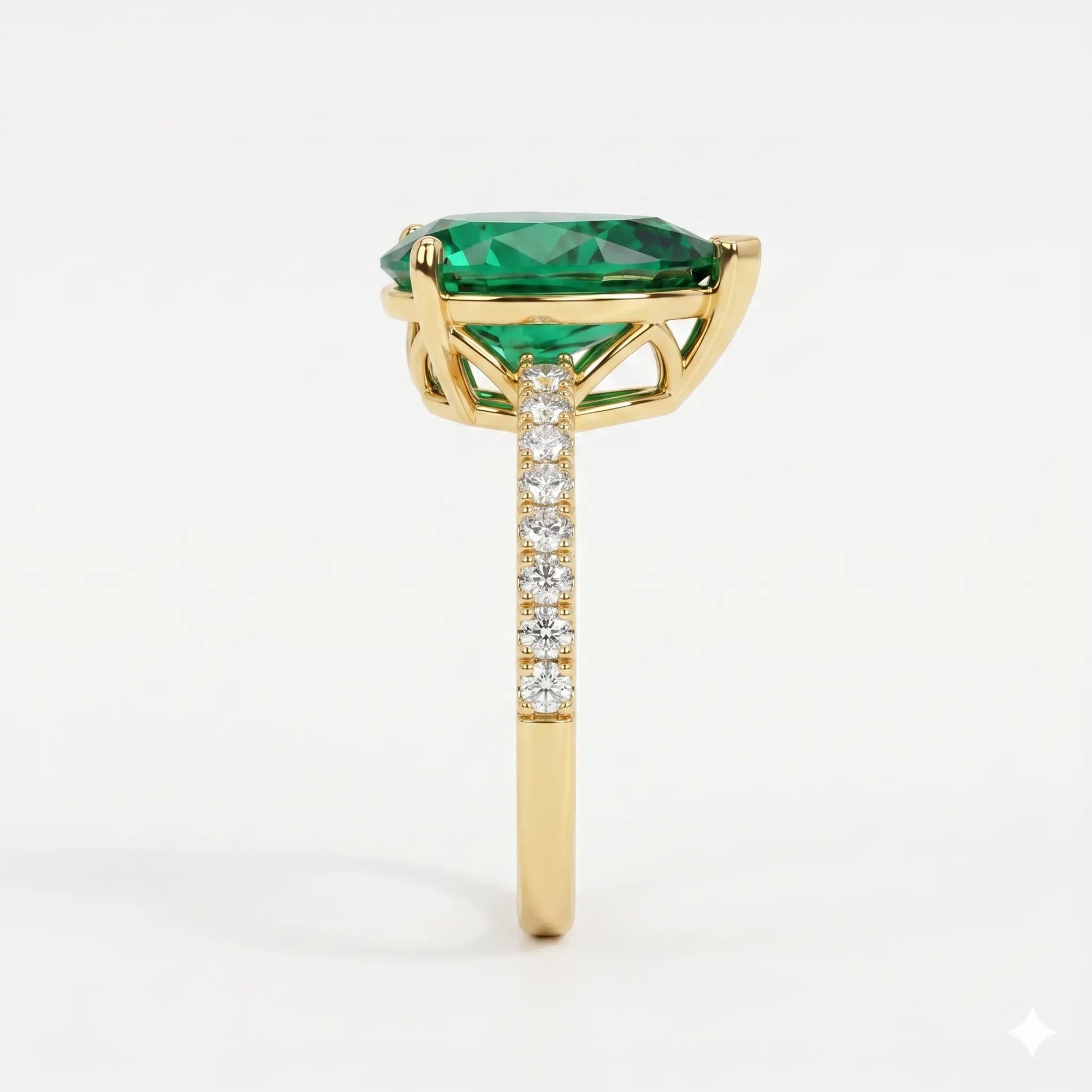 Pear Shaped Lab Grown Emerald Engagement Ring with Diamond Accented Band – Elegant Solitaire Gemstone Ring for Women