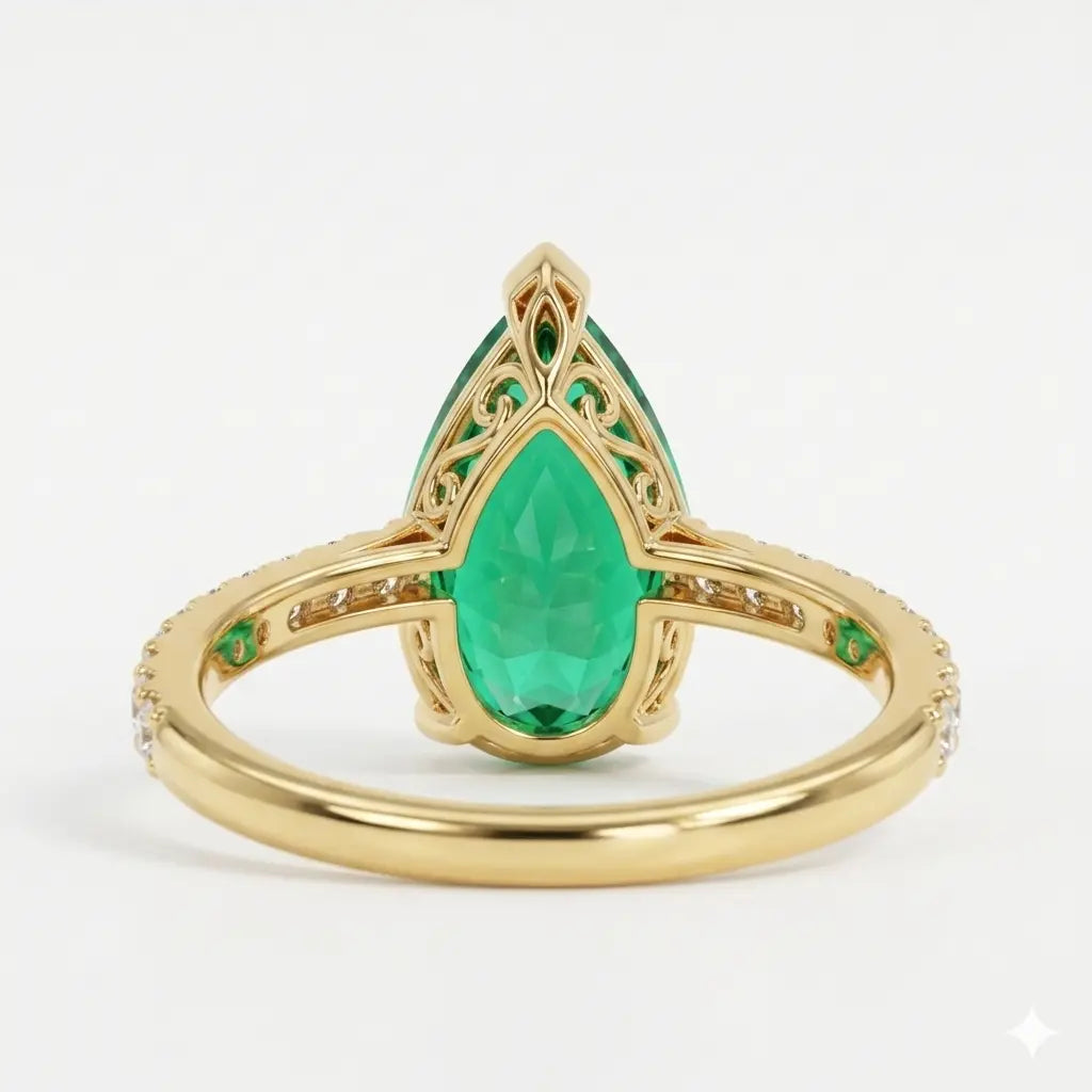 Pear Shaped Lab Grown Emerald Engagement Ring with Diamond Accented Band – Elegant Solitaire Gemstone Ring for Women