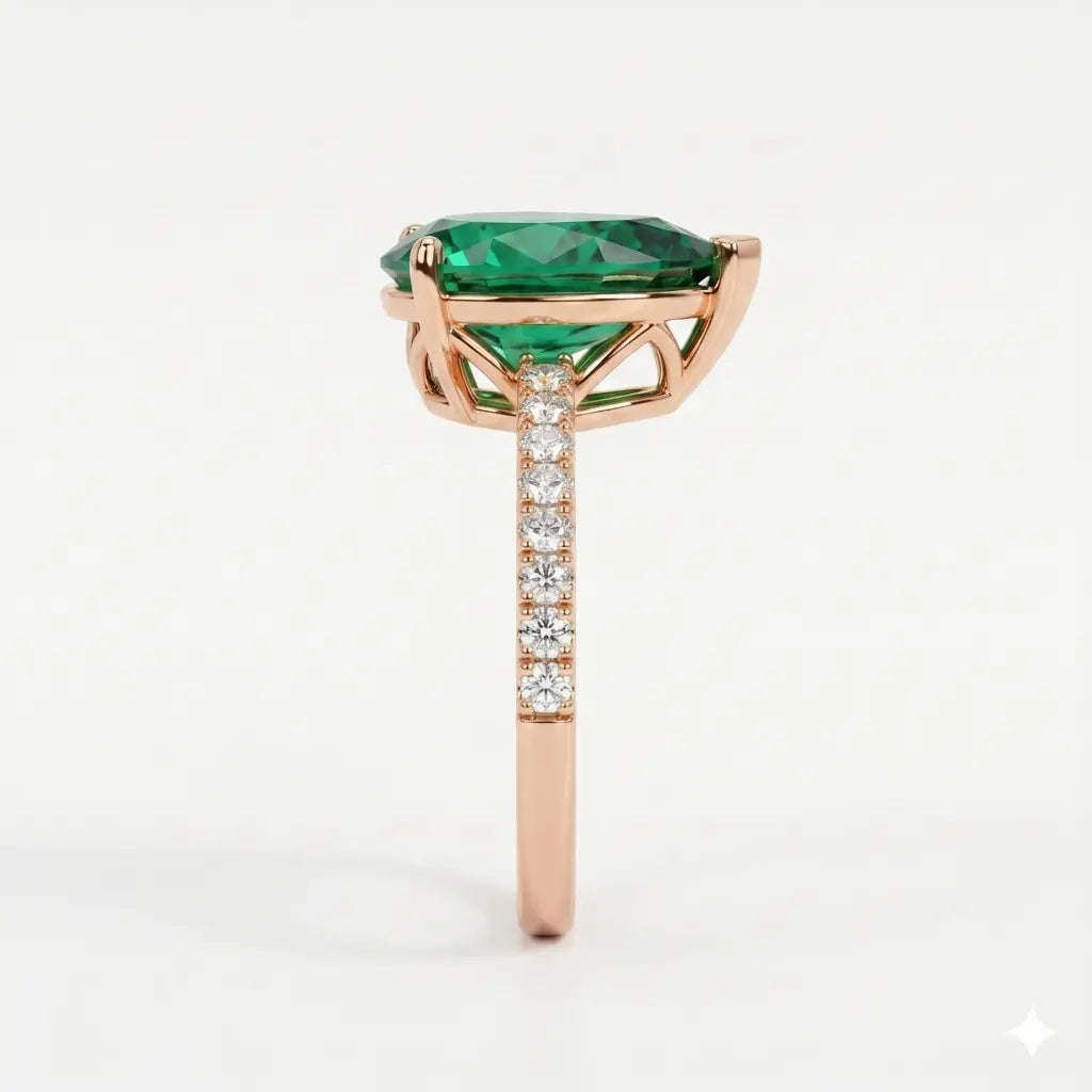 Pear Shaped Lab Grown Emerald Engagement Ring with Diamond Accented Band – Elegant Solitaire Gemstone Ring for Women
