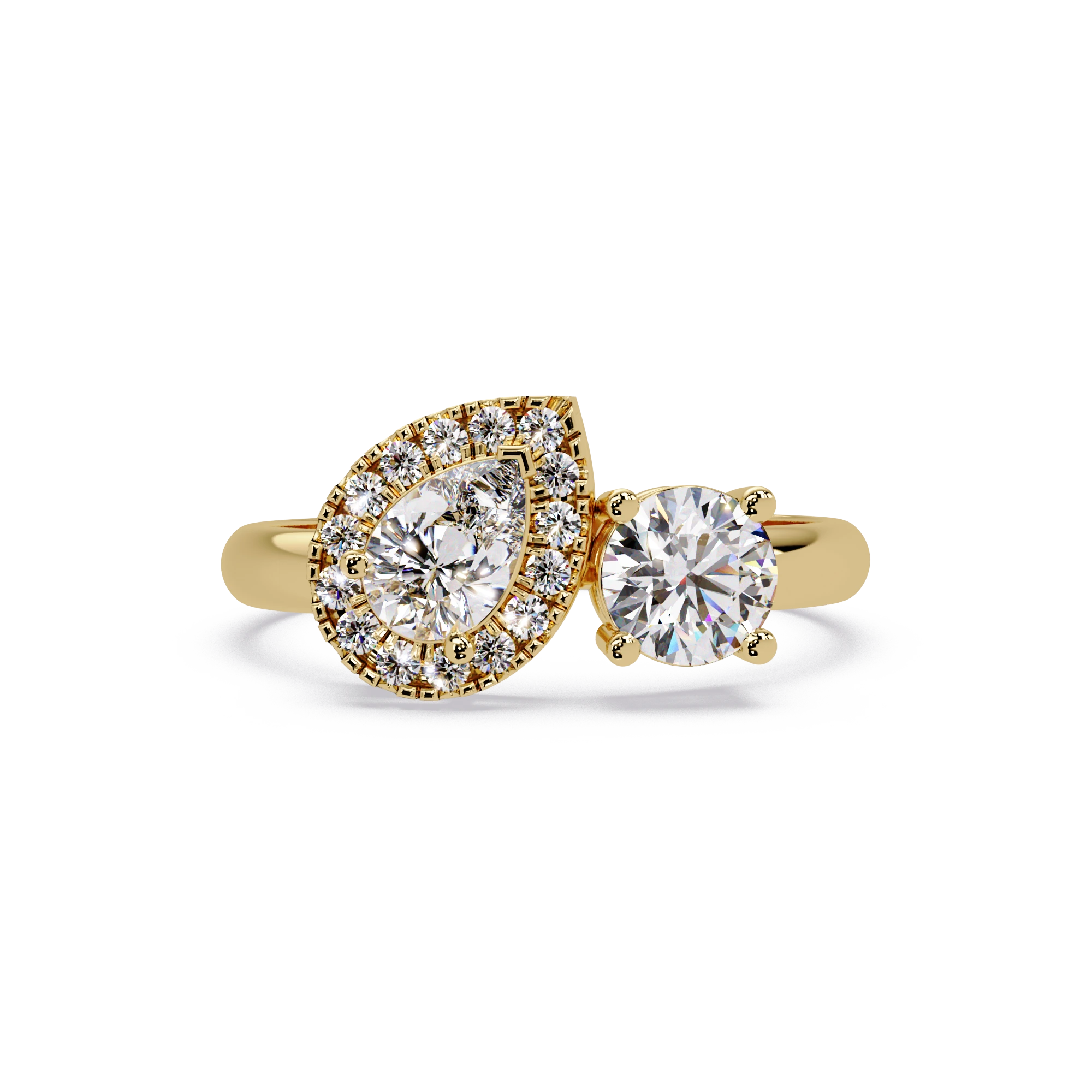 Pear Cut Lab Grown Diamond Engagement Ring Halo Three Stone Gold Ring with Round Side Diamond