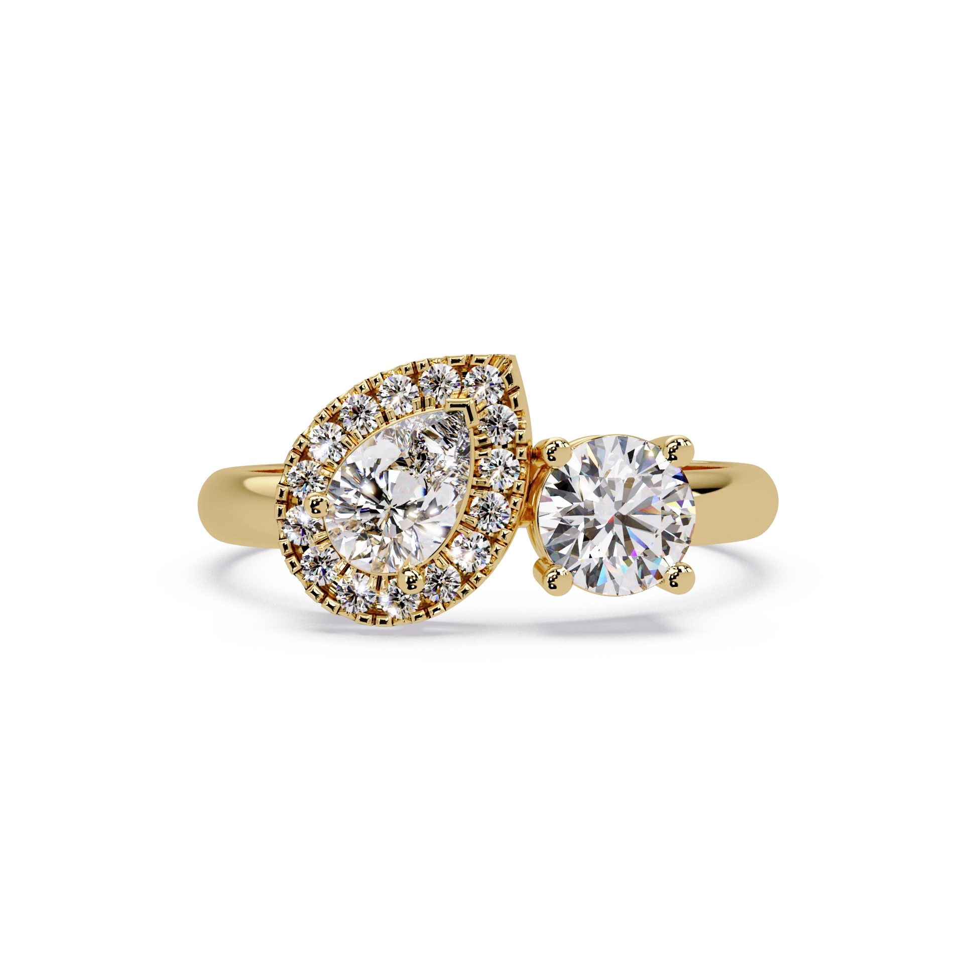 Pear Cut Lab Grown Diamond Engagement Ring Halo Three Stone Gold Ring with Round Side Diamond