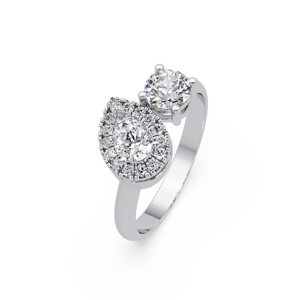 Pear Cut Lab Grown Diamond Engagement Ring Halo Three Stone Gold Ring with Round Side Diamond