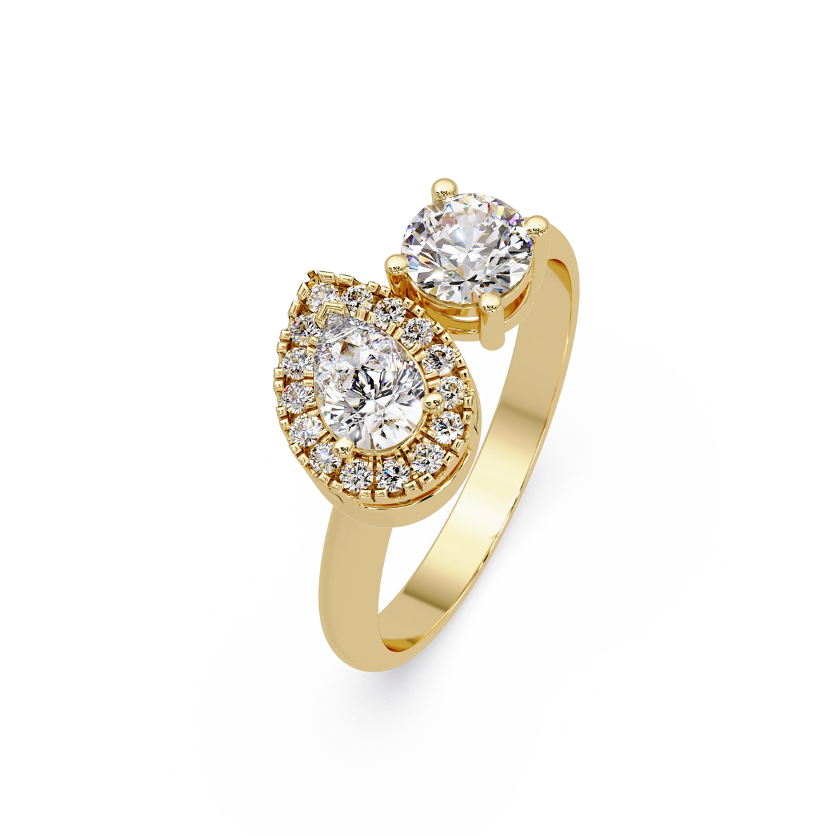 Pear Cut Lab Grown Diamond Engagement Ring Halo Three Stone Gold Ring with Round Side Diamond