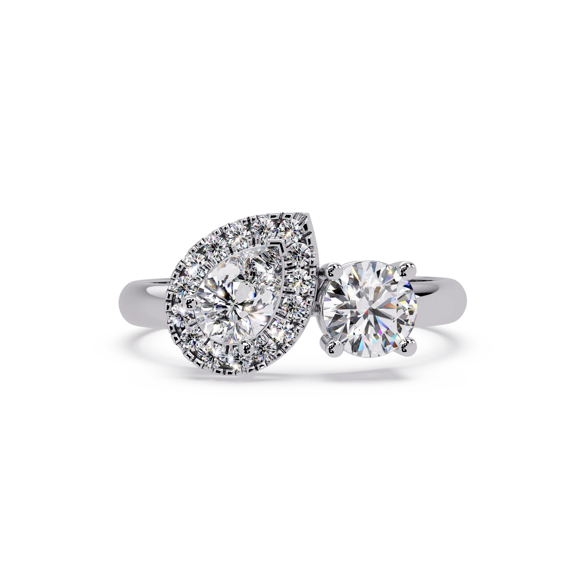 Pear Cut Lab Grown Diamond Engagement Ring Halo Three Stone Gold Ring with Round Side Diamond