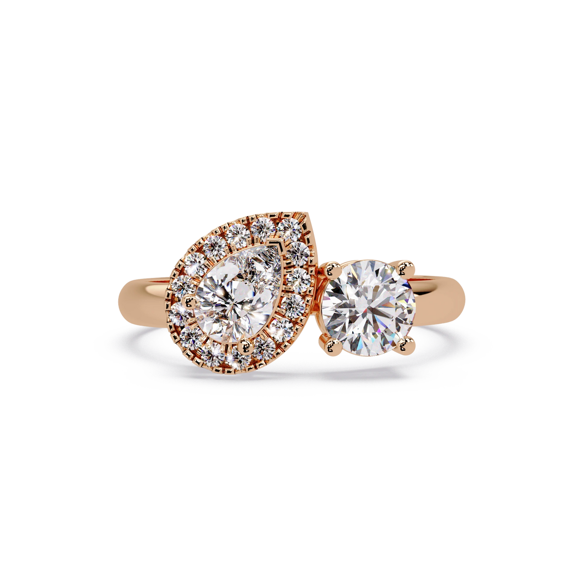 Pear Cut Lab Grown Diamond Engagement Ring Halo Three Stone Gold Ring with Round Side Diamond
