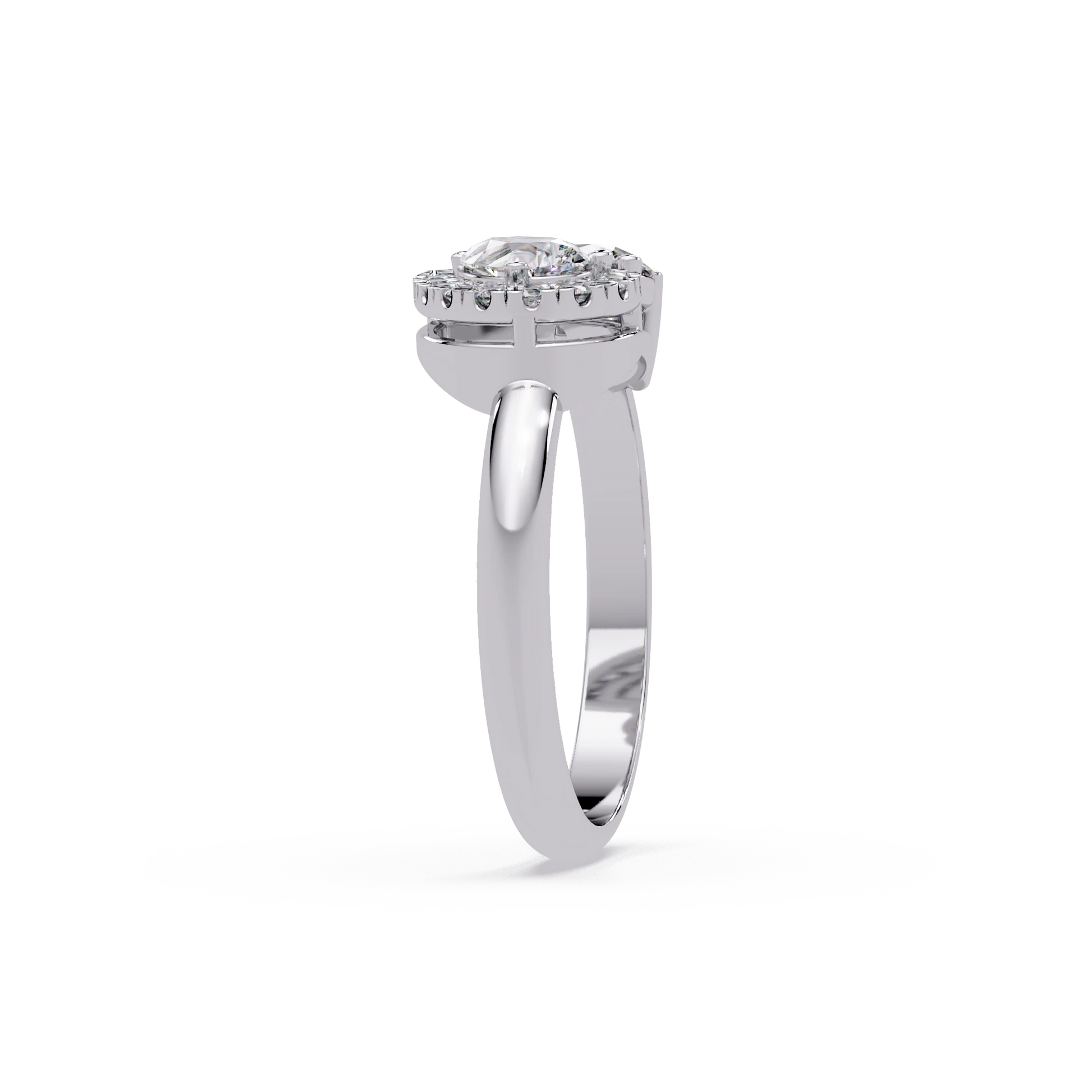 Pear Cut Lab Grown Diamond Engagement Ring Halo Three Stone Gold Ring with Round Side Diamond