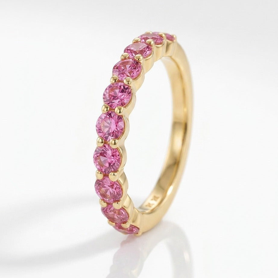 Pink Sapphire Half Eternity Wedding Band, Sapphire Ring, Stackable Wedding Ring