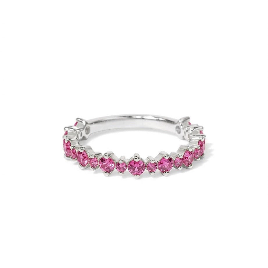 Pink Sapphire Half Eternity Wedding Band, Stackable Sapphire Ring, Pink Gemstone Anniversary Band, Bridal Stacking Ring Gift
