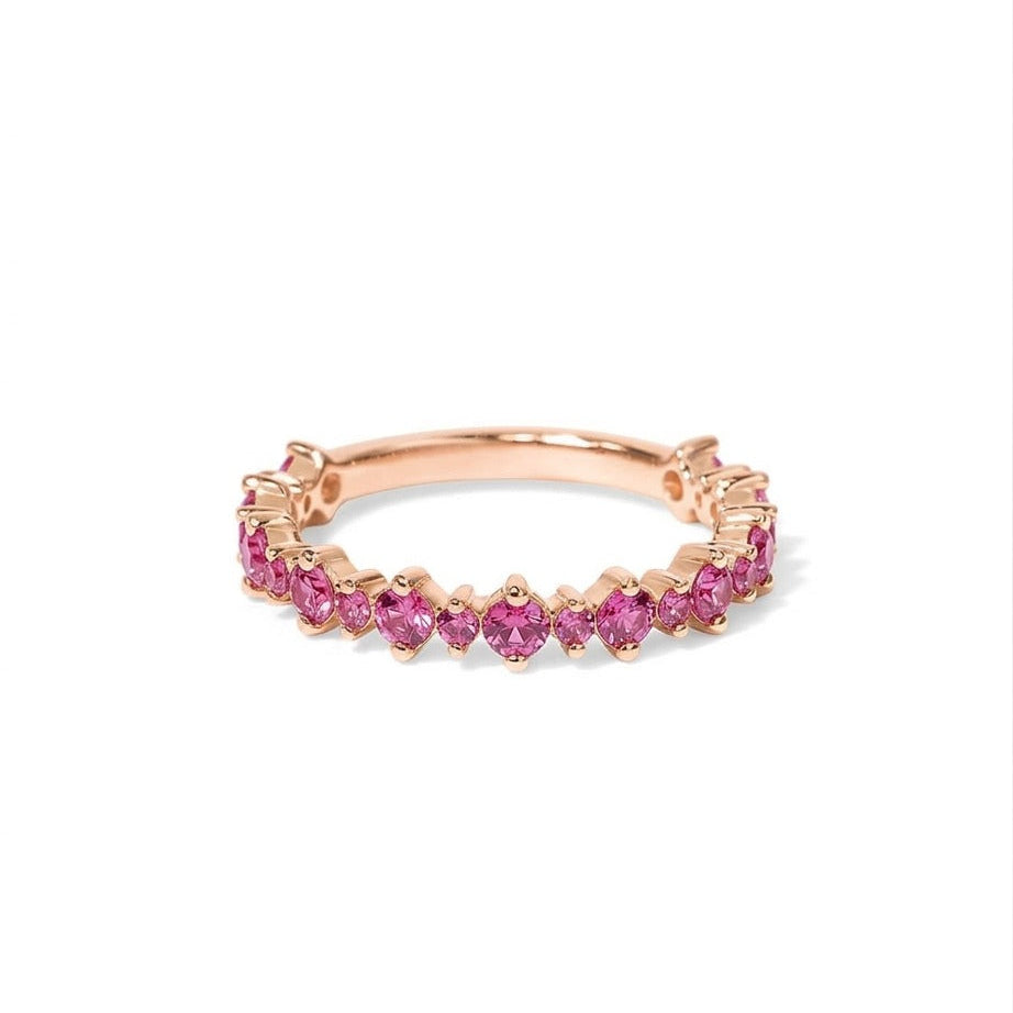 Pink Sapphire Half Eternity Wedding Band, Stackable Sapphire Ring, Pink Gemstone Anniversary Band, Bridal Stacking Ring Gift