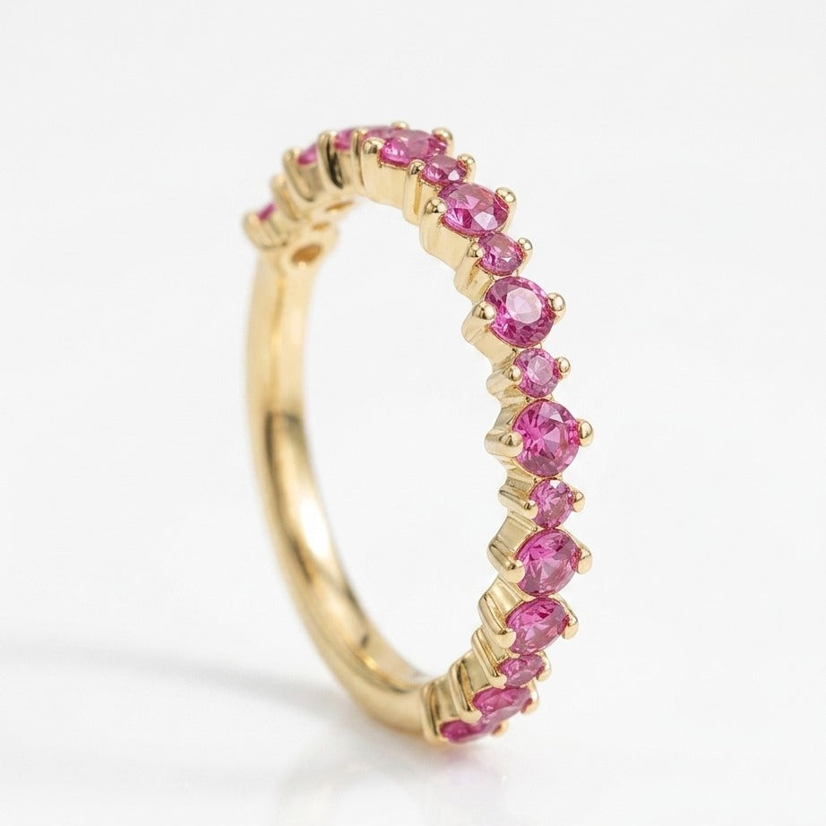 Pink Sapphire Half Eternity Wedding Band, Stackable Sapphire Ring, Pink Gemstone Anniversary Band, Bridal Stacking Ring Gift