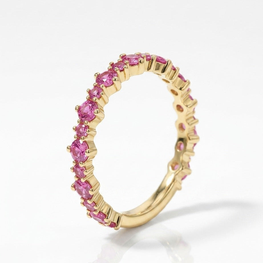Pink Sapphire Half Eternity Wedding Band, Stackable Sapphire Ring, Pink Gemstone Anniversary Band, Bridal Stacking Ring Gift