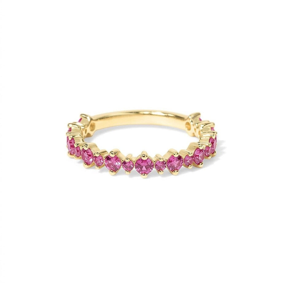 Pink Sapphire Half Eternity Wedding Band, Stackable Sapphire Ring, Pink Gemstone Anniversary Band, Bridal Stacking Ring Gift