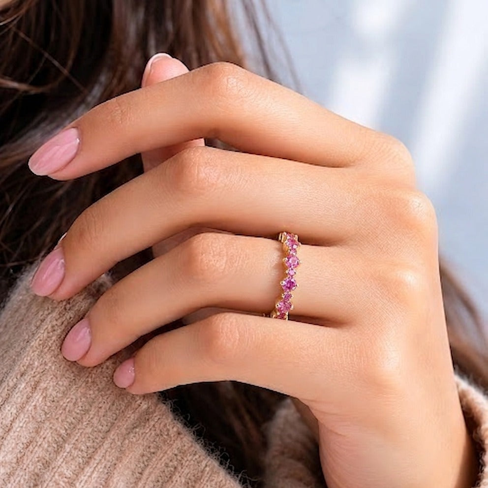 Pink Sapphire Half Eternity Wedding Band, Stackable Sapphire Ring, Pink Gemstone Anniversary Band, Bridal Stacking Ring Gift