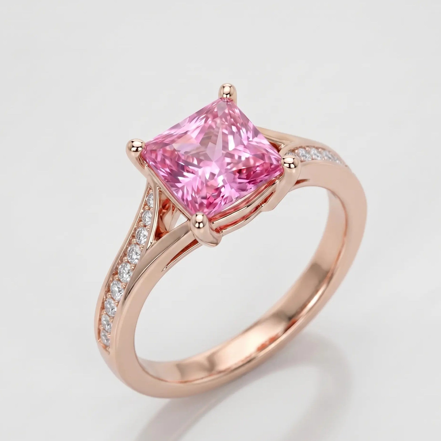 Princess Cut Pink Sapphire Engagement Ring with Diamond Accent Band