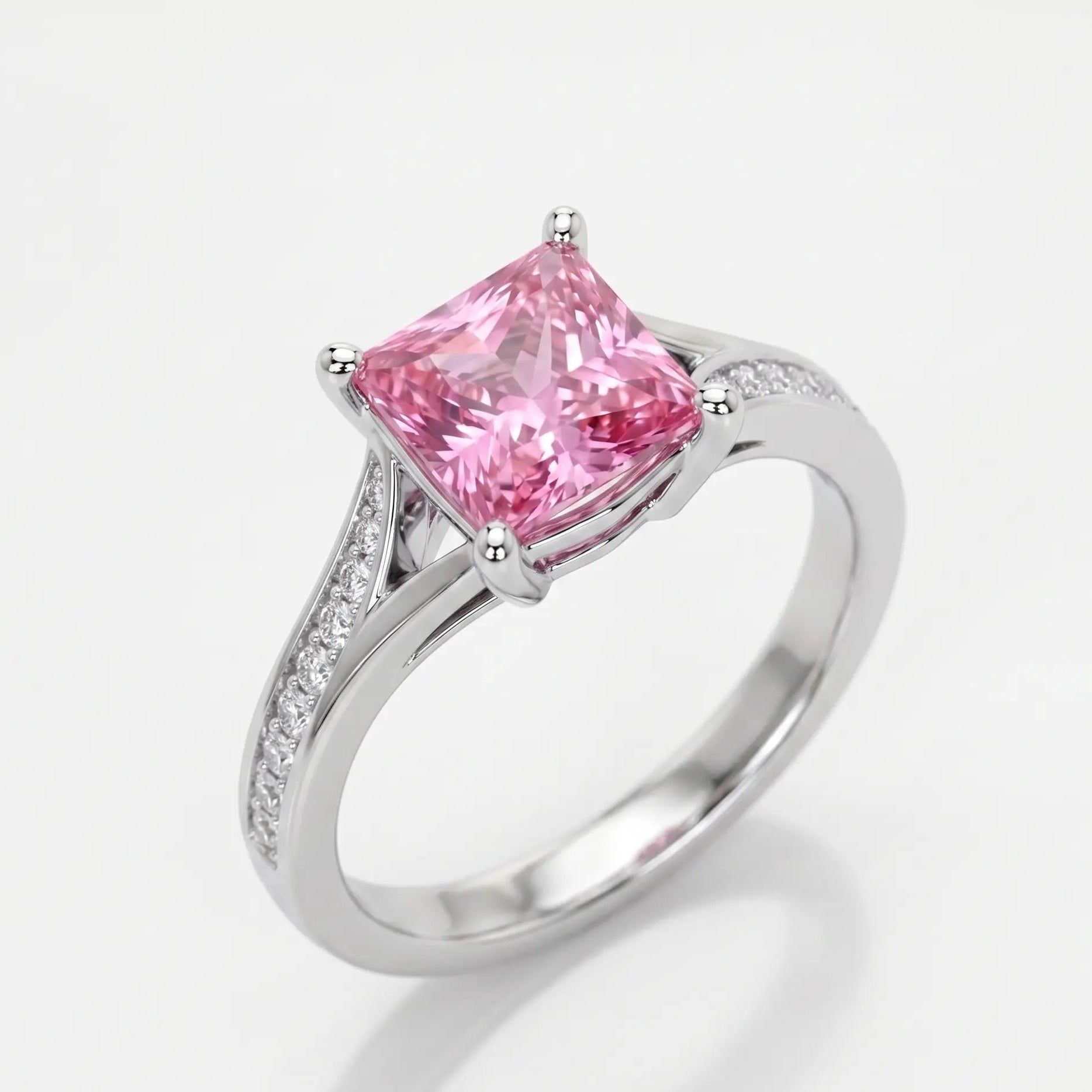 Princess Cut Pink Sapphire Engagement Ring with Diamond Accent Band