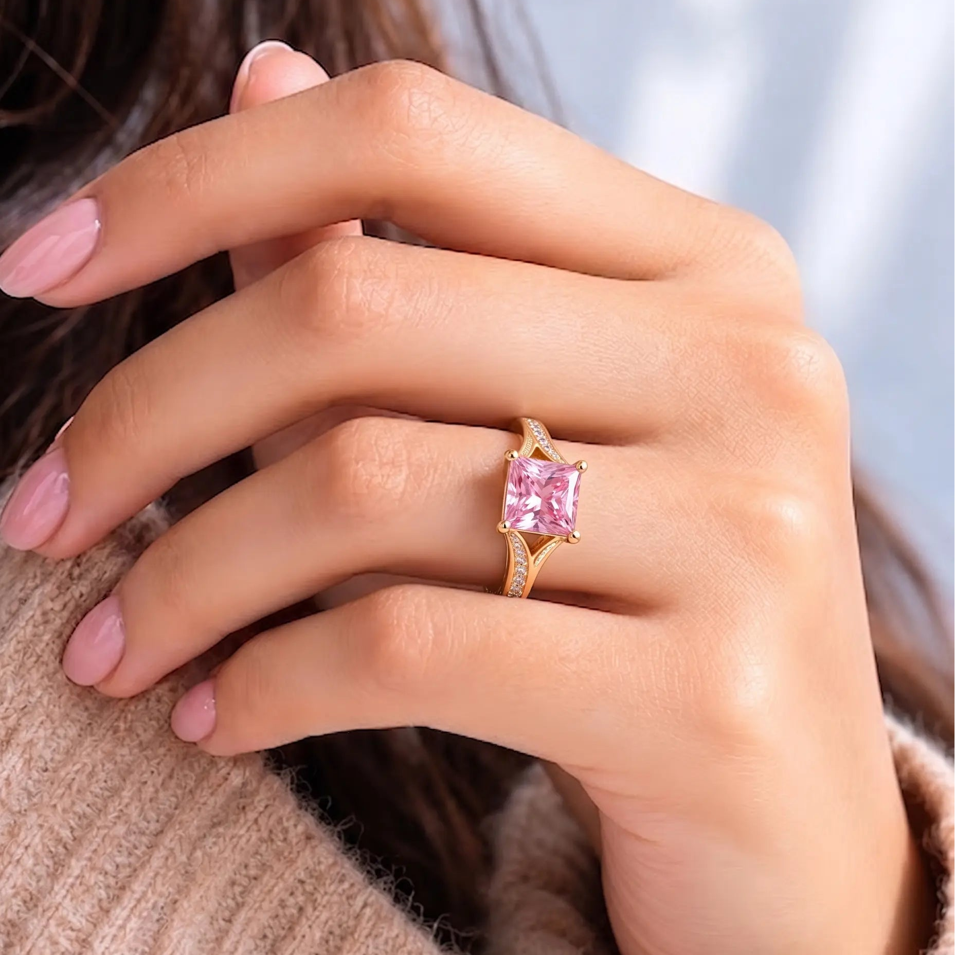 Princess Cut Pink Sapphire Engagement Ring with Diamond Accent Band