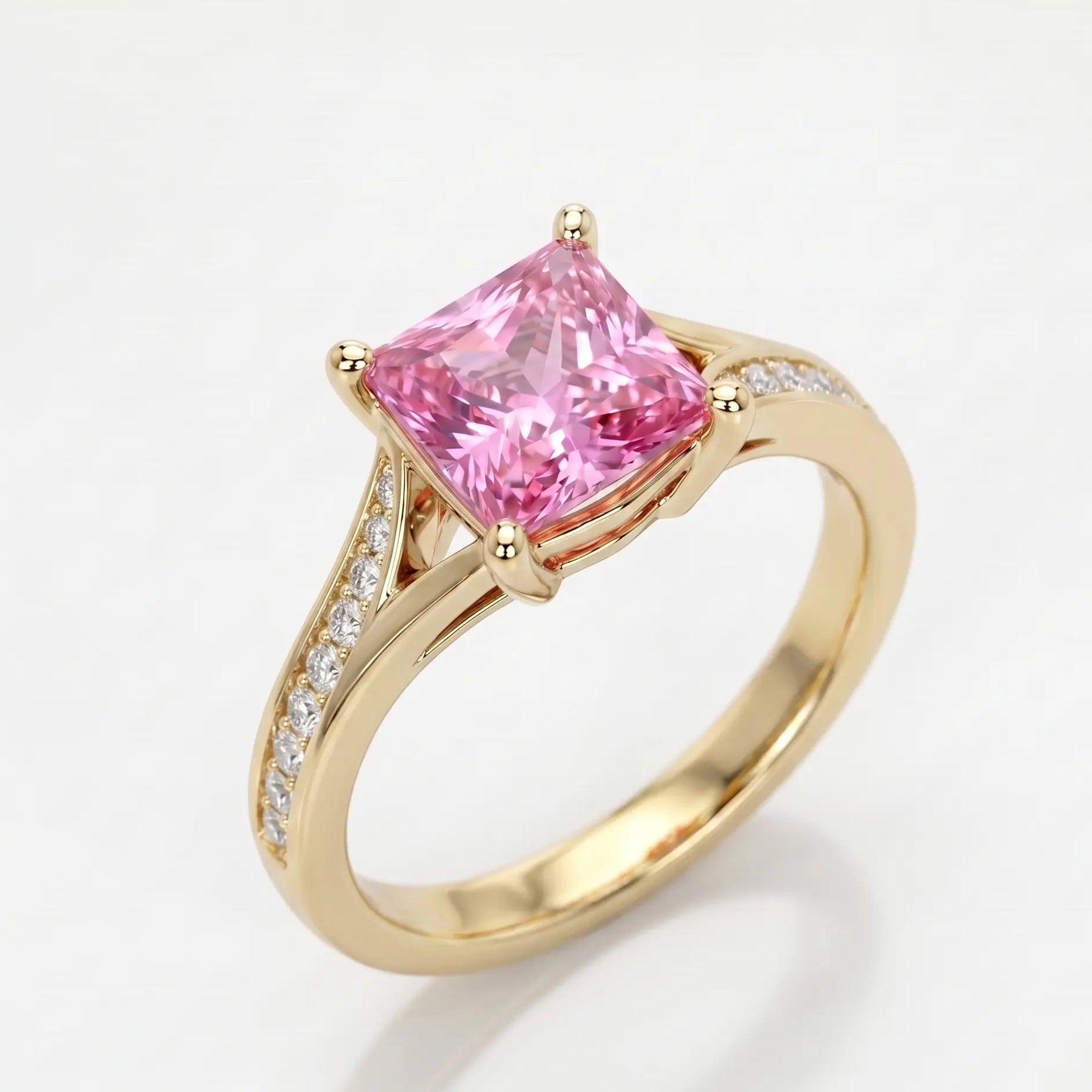 Princess Cut Pink Sapphire Engagement Ring with Diamond Accent Band