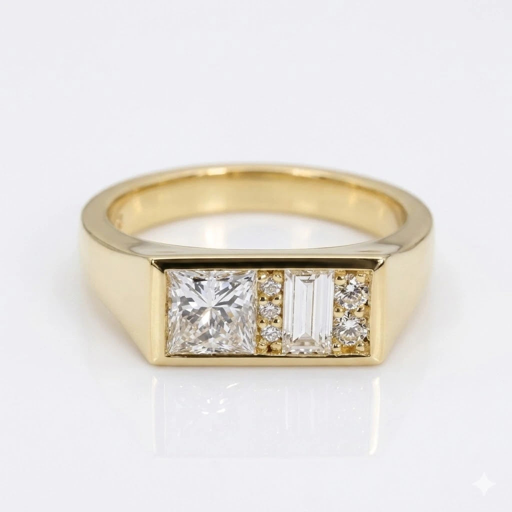 Princess & Baguette Lab Grown Diamond Men's Engagement Ring – Modern Geometric Signet Ring with Diamond Accents