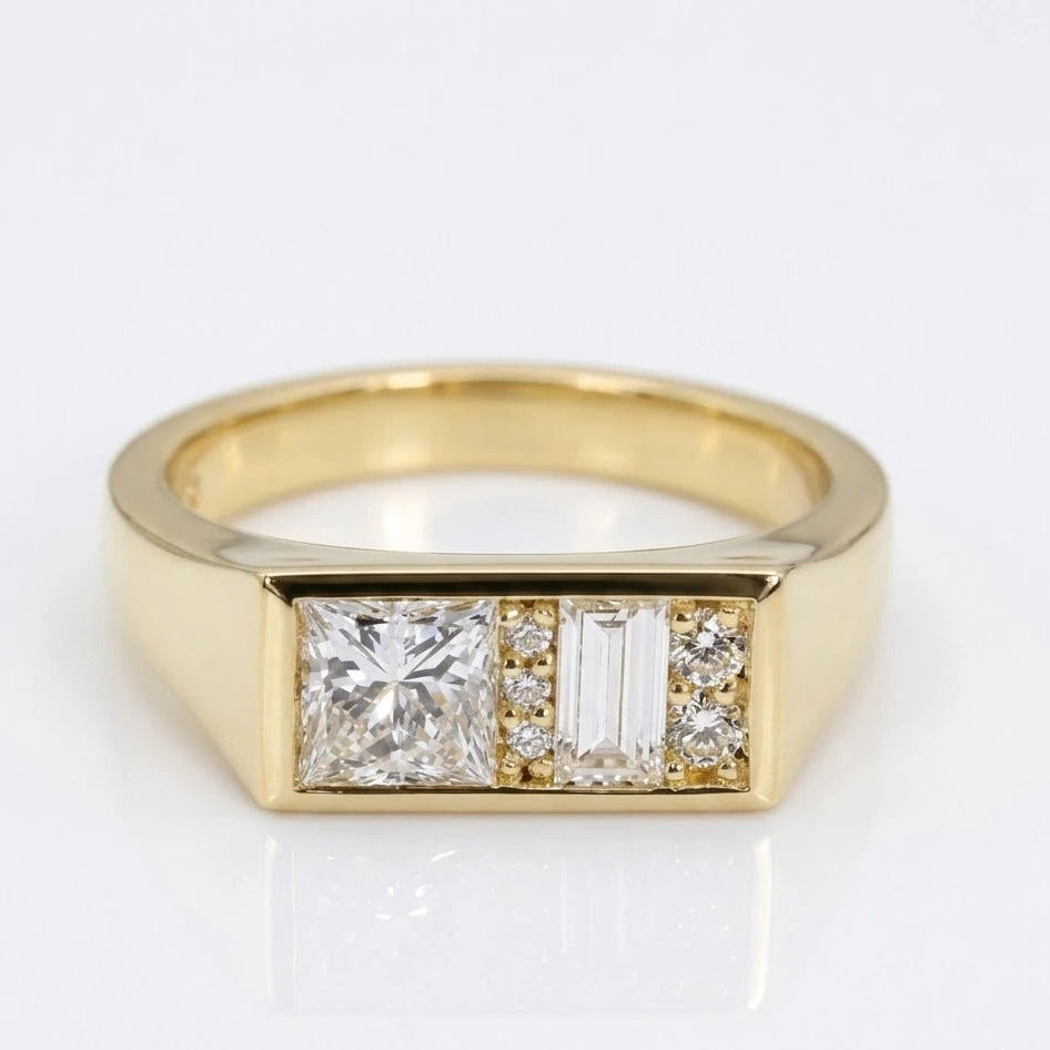 Princess & Baguette Lab Grown Diamond Men's Engagement Ring – Modern Geometric Signet Ring with Diamond Accents