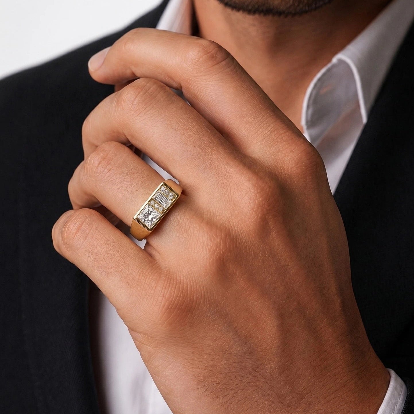 Princess & Baguette Lab Grown Diamond Men's Engagement Ring – Modern Geometric Signet Ring with Diamond Accents