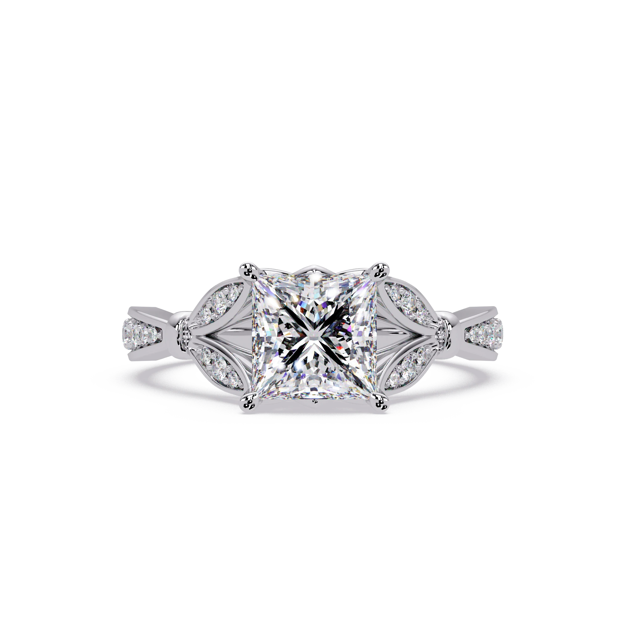 Princess Cut Lab Grown Diamond Engagement Ring White Gold Leaf Pavé Geometric Bridal Ring