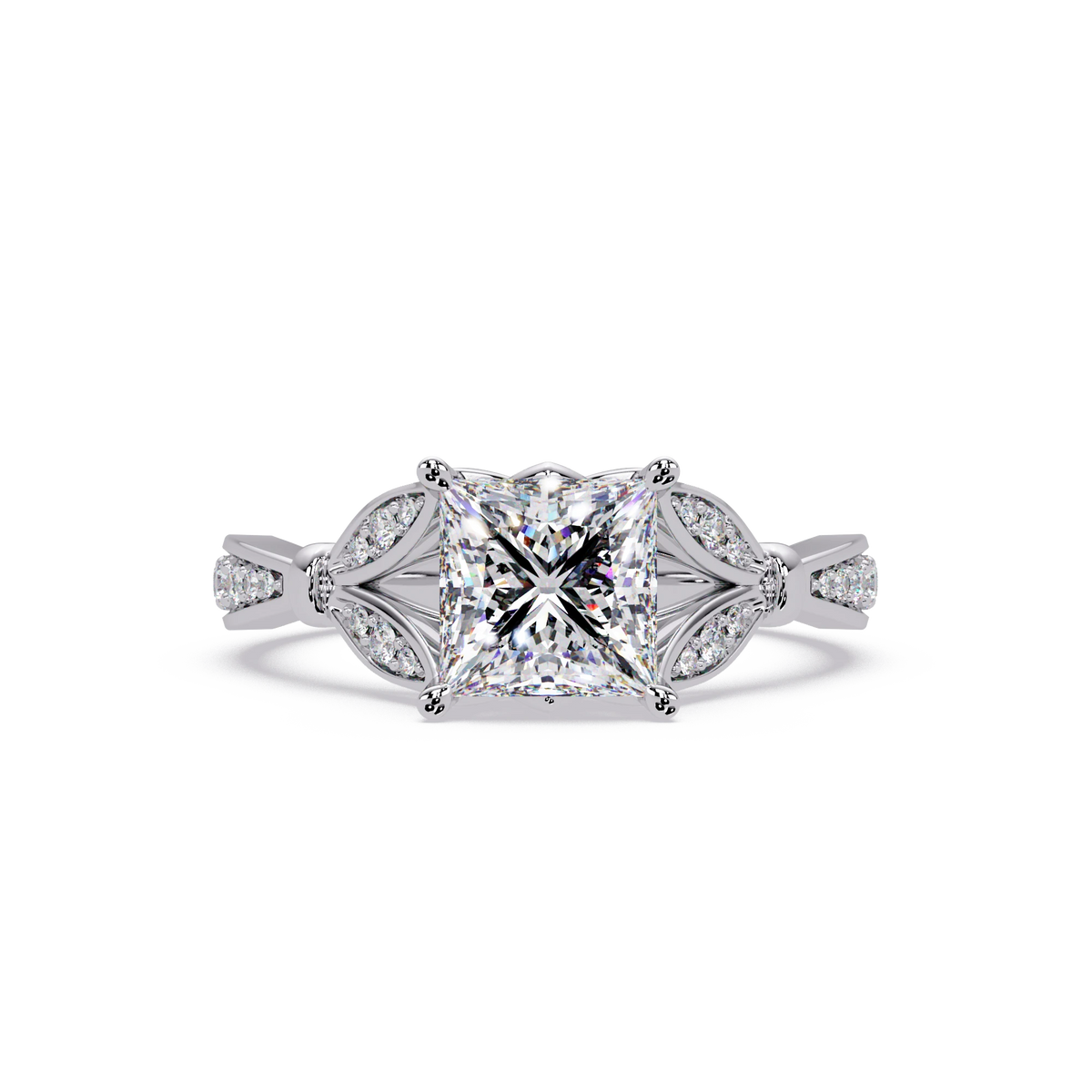 Princess Cut Lab Grown Diamond Engagement Ring White Gold Leaf Pavé Geometric Bridal Ring