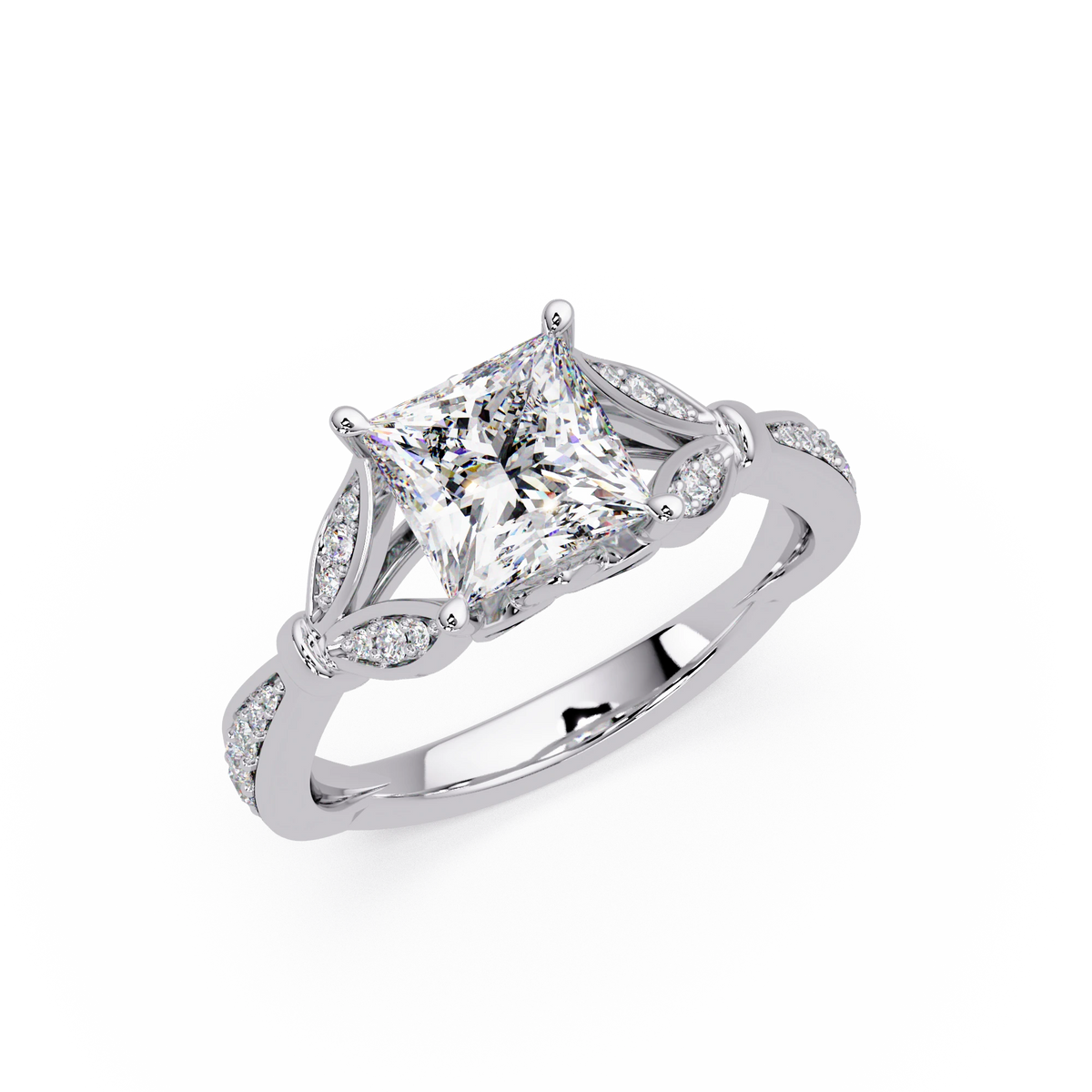 Princess Cut Lab Grown Diamond Engagement Ring White Gold Leaf Pavé Geometric Bridal Ring