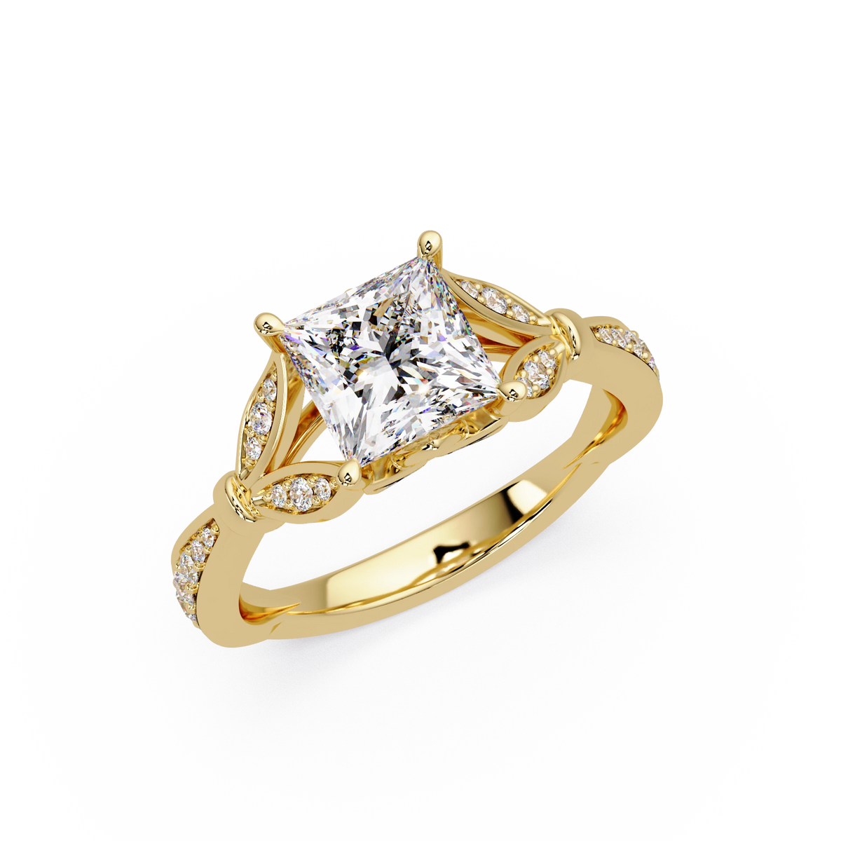 Princess Cut Lab Grown Diamond Engagement Ring White Gold Leaf Pavé Geometric Bridal Ring
