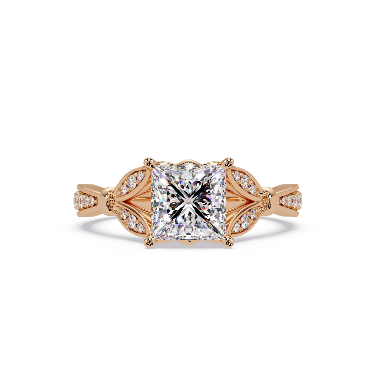 Princess Cut Lab Grown Diamond Engagement Ring White Gold Leaf Pavé Geometric Bridal Ring