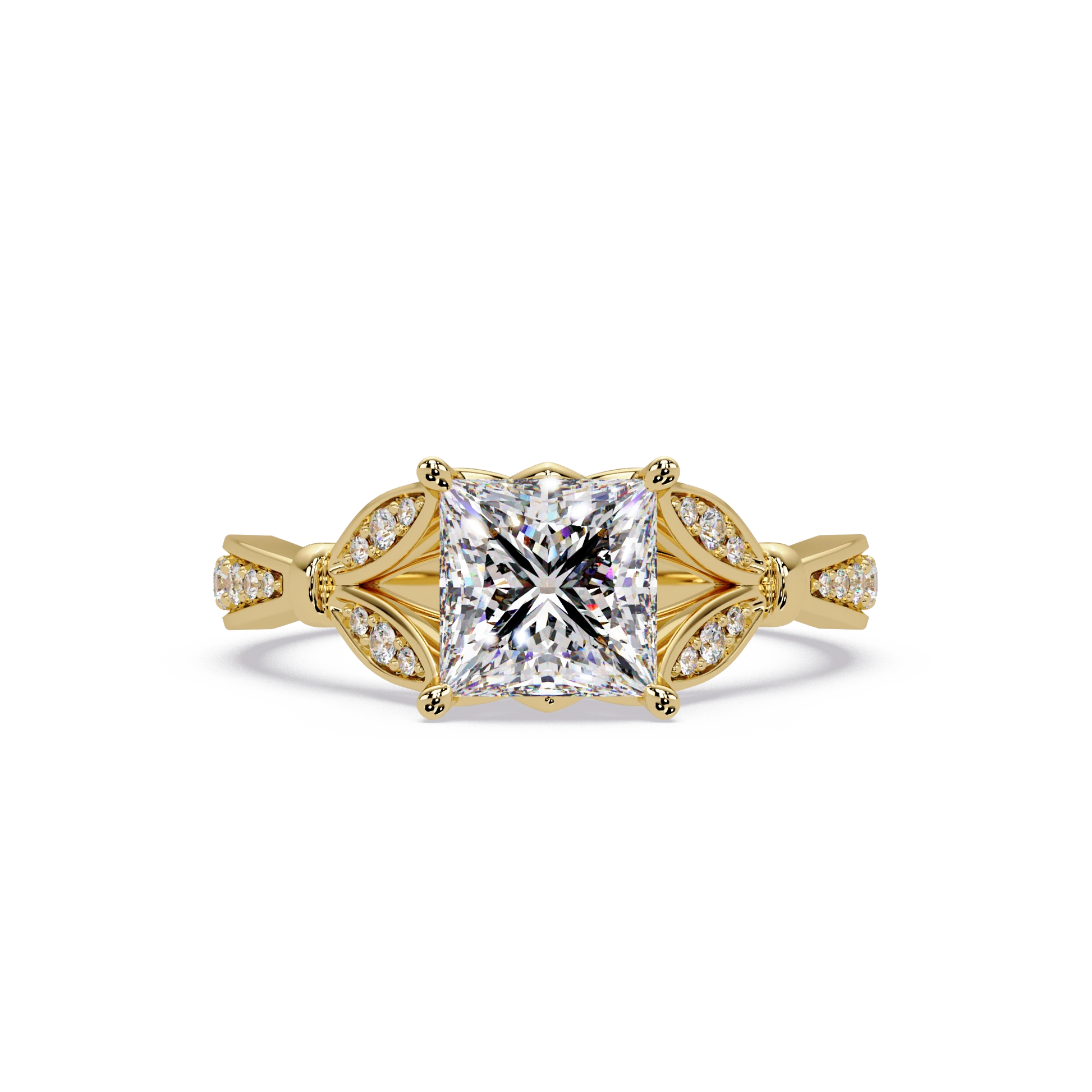Princess Cut Lab Grown Diamond Engagement Ring White Gold Leaf Pavé Geometric Bridal Ring