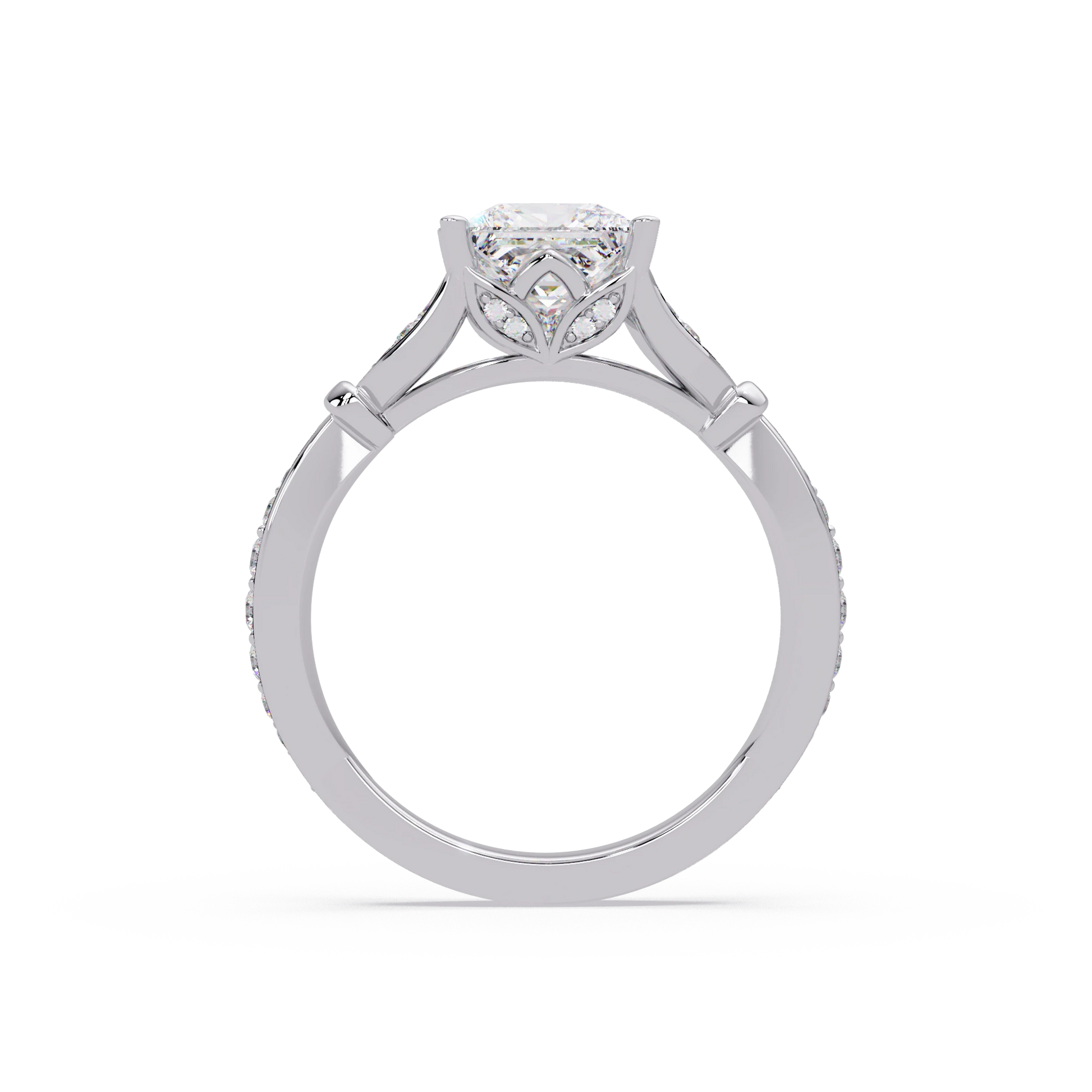 Princess Cut Lab Grown Diamond Engagement Ring White Gold Leaf Pavé Geometric Bridal Ring