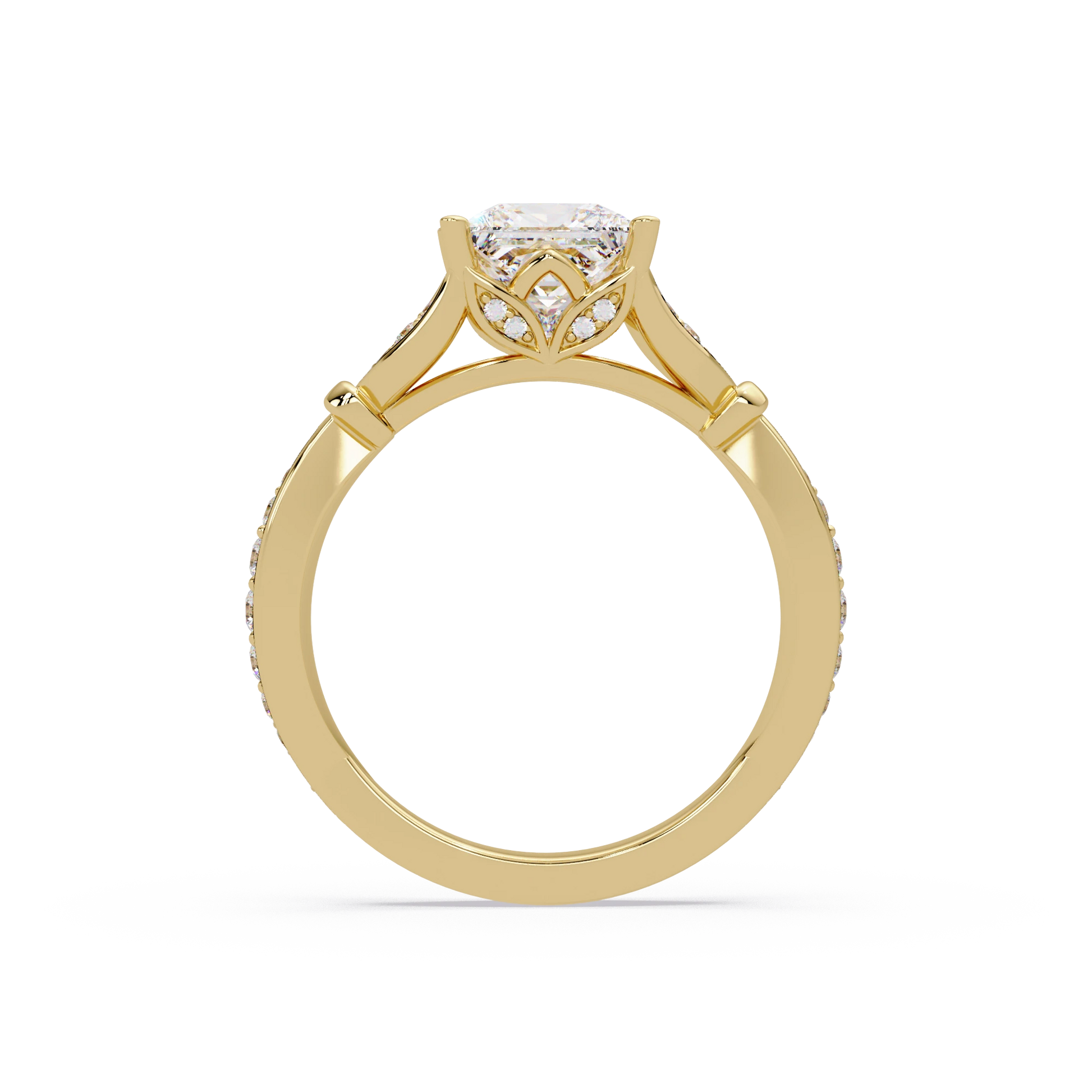Princess Cut Lab Grown Diamond Engagement Ring White Gold Leaf Pavé Geometric Bridal Ring