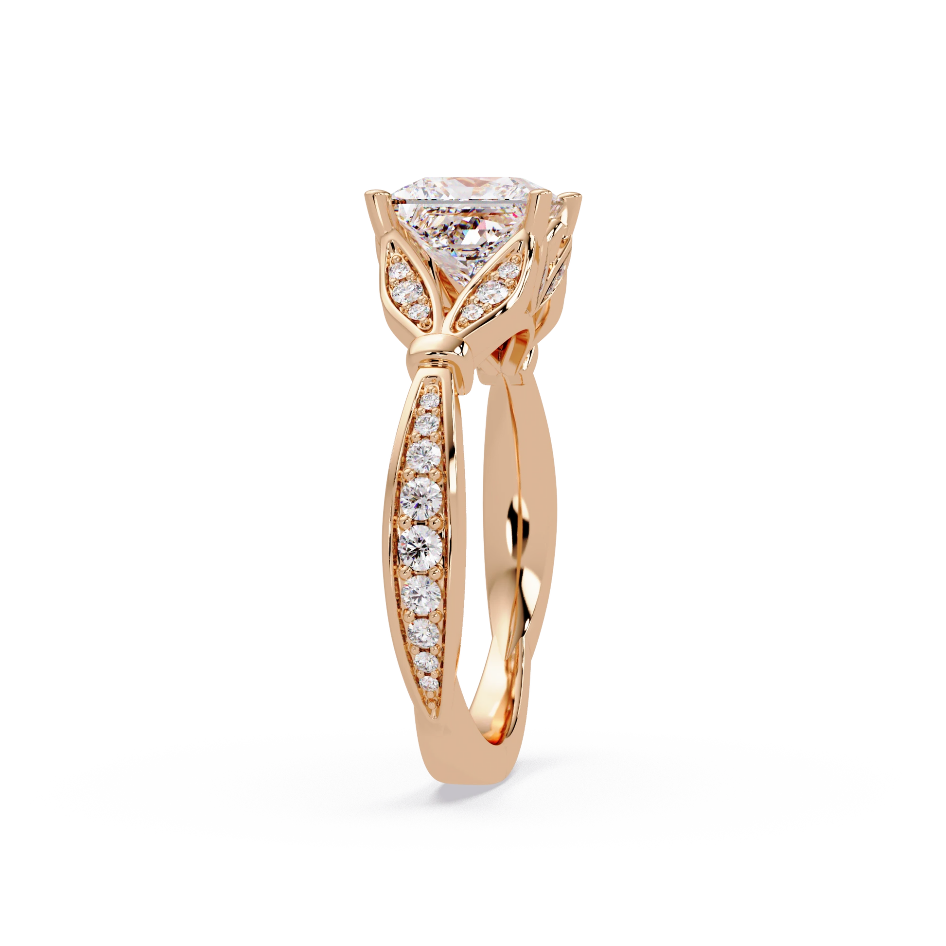 Princess Cut Lab Grown Diamond Engagement Ring White Gold Leaf Pavé Geometric Bridal Ring