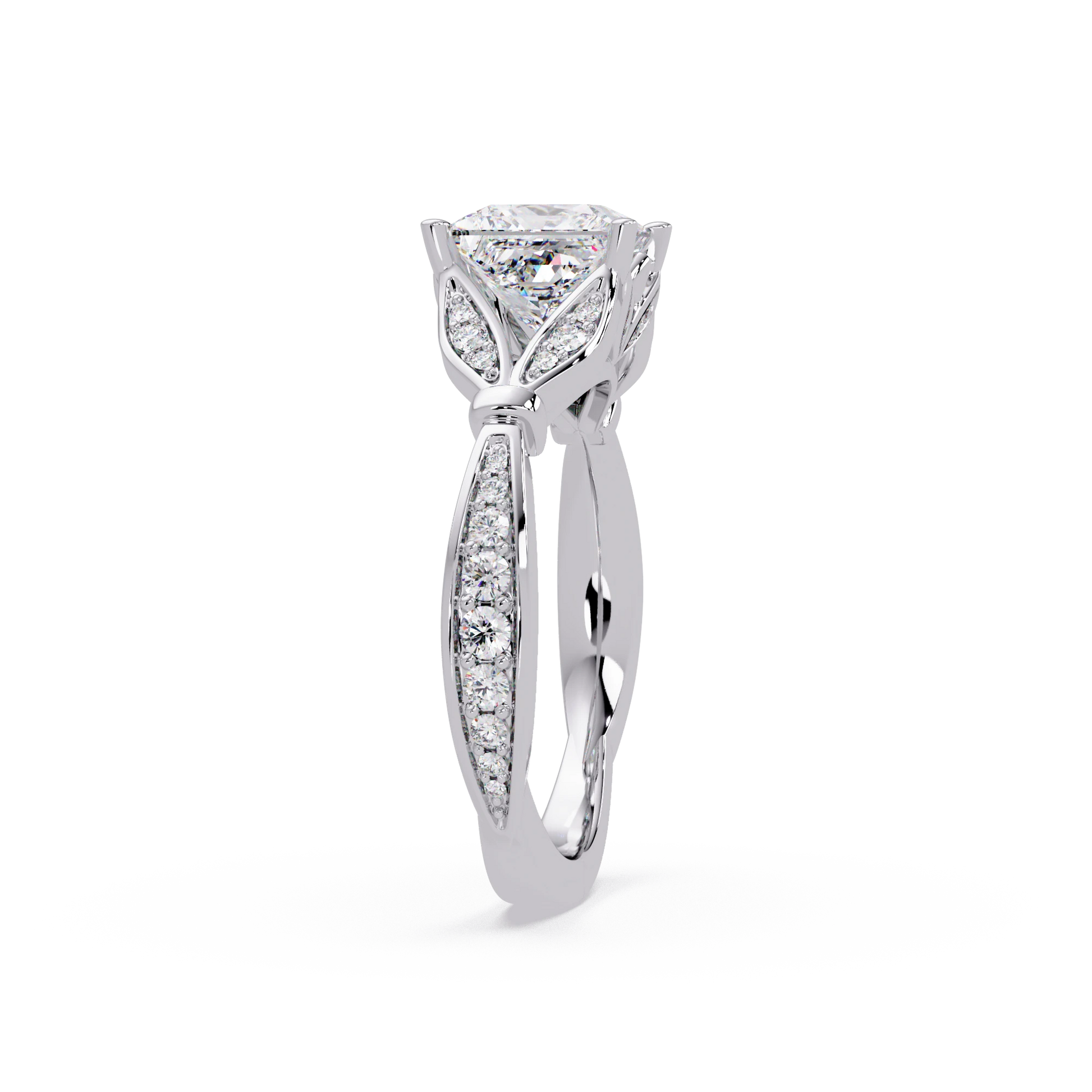 Princess Cut Lab Grown Diamond Engagement Ring White Gold Leaf Pavé Geometric Bridal Ring